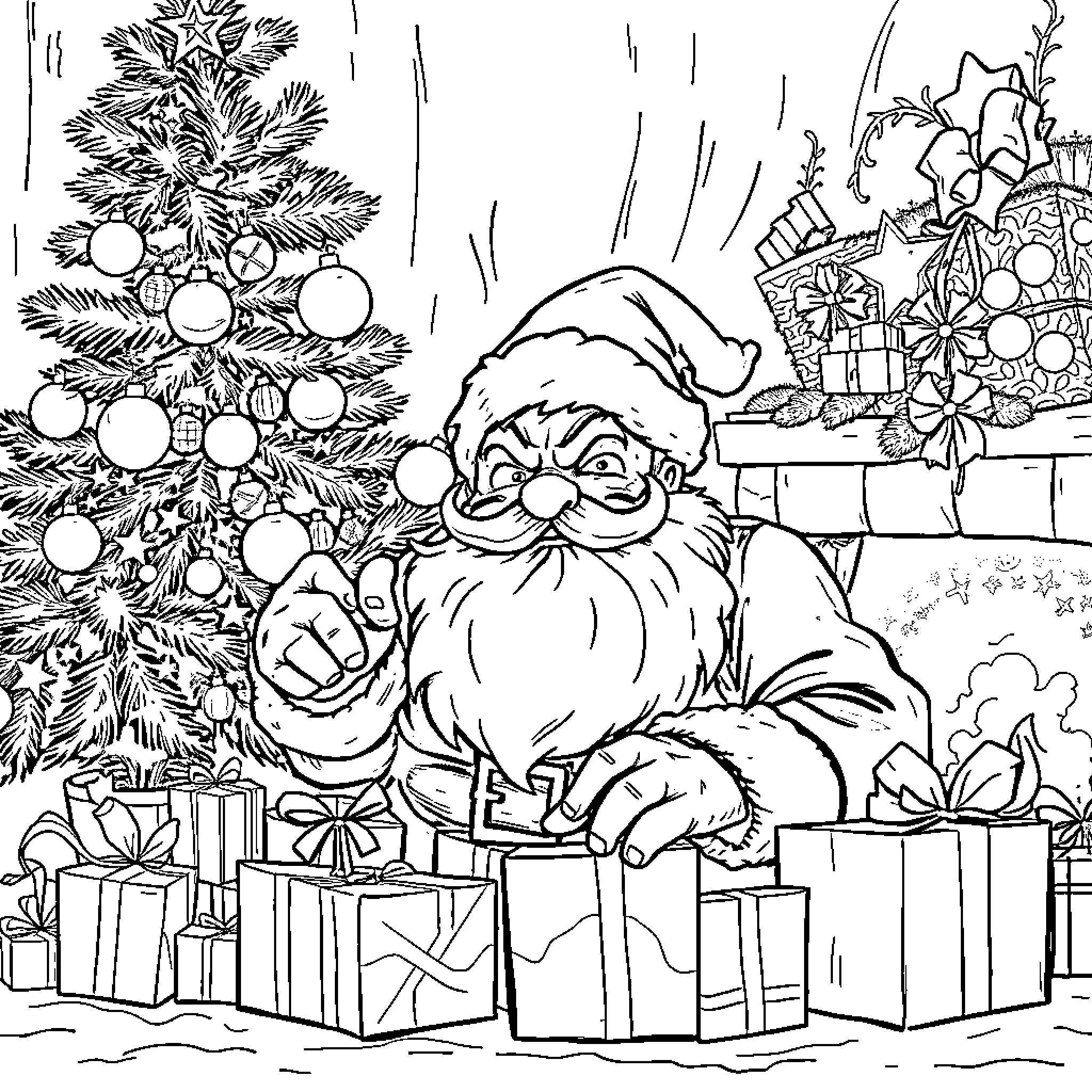 Santa surrounded by festive decorations and gifts Coloring Page (free black-and-white line drawing printable PDF for all, from beginners to advanced learners, including children, teens, adults, and seniors)