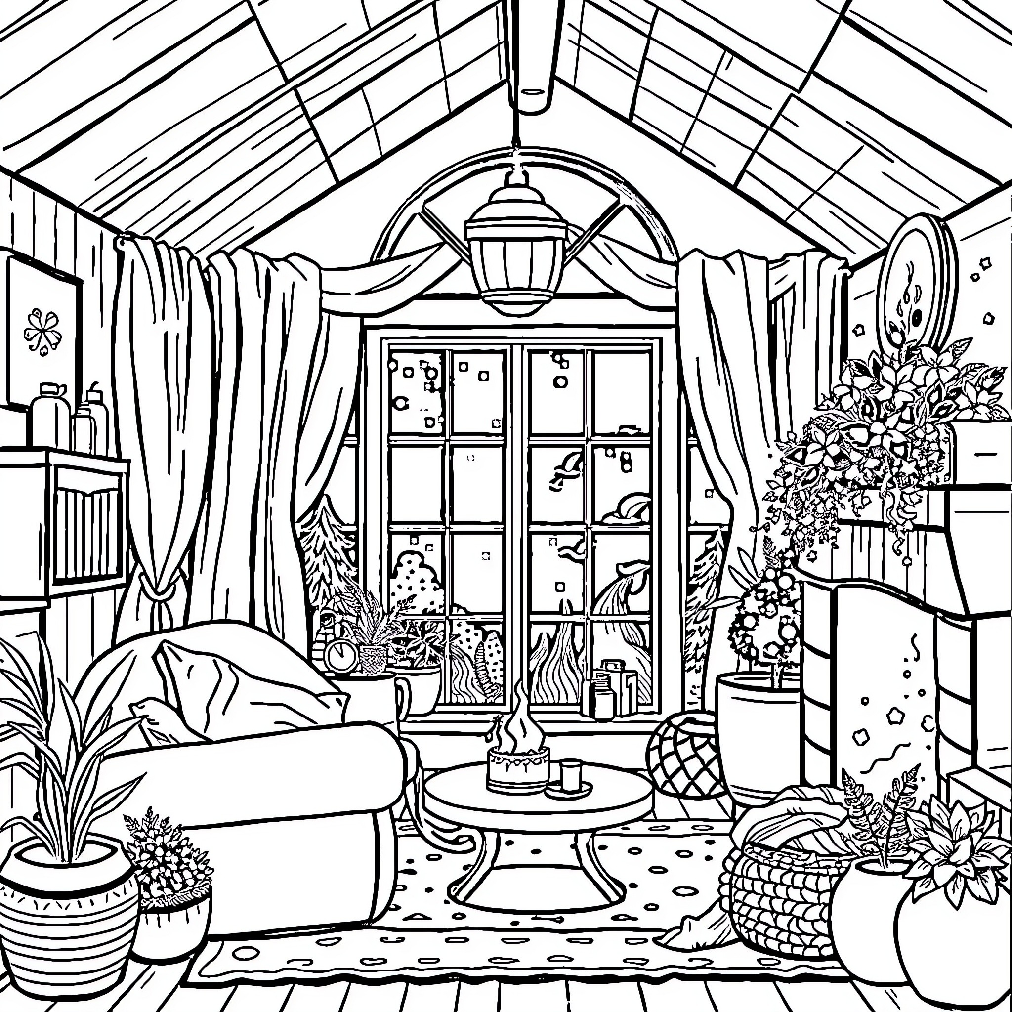 In a cozy greenhouse filled with plants and furnishings Coloring Page (free black-and-white line drawing printable PDF for all, from beginners to advanced learners, including children, teens, adults, and seniors)