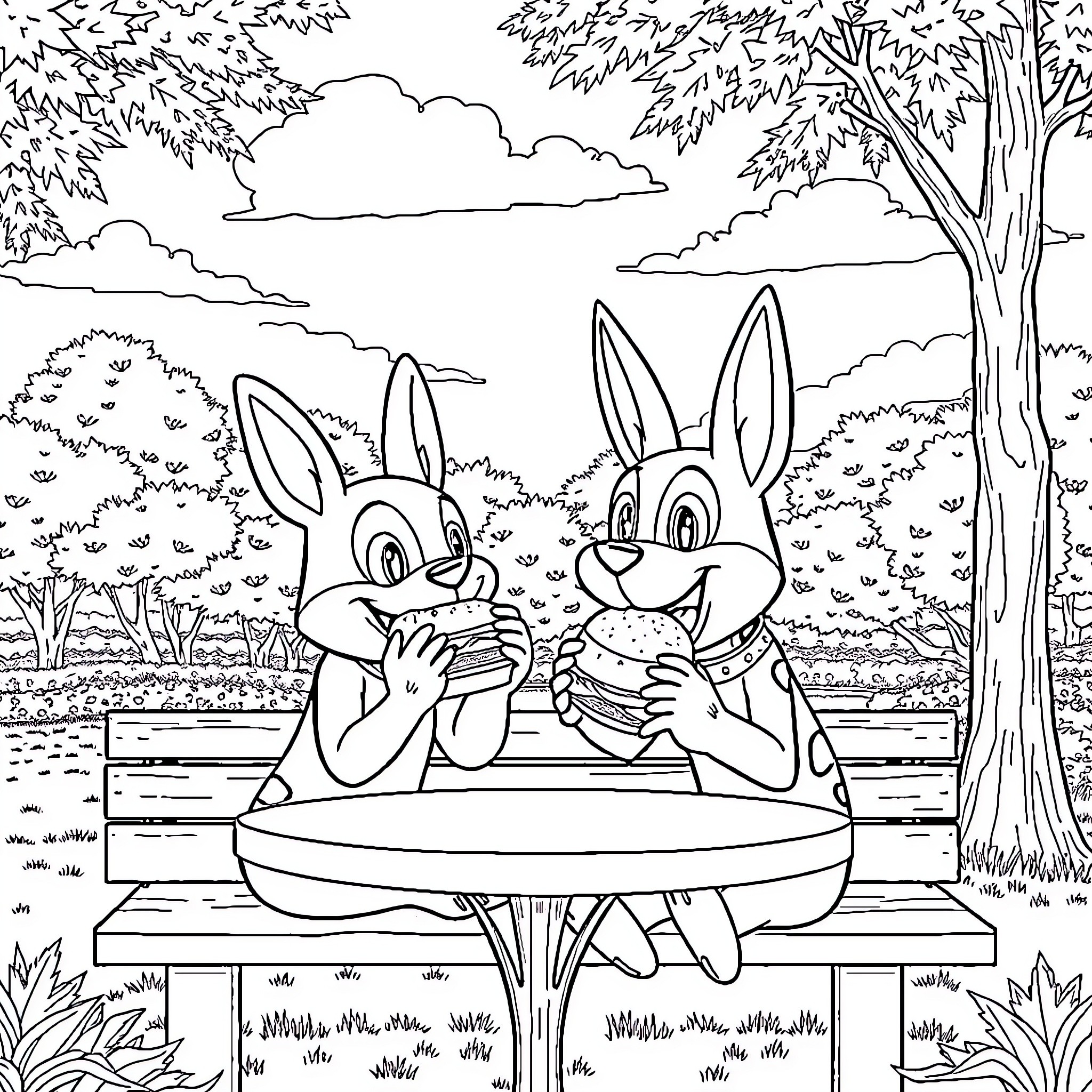 Paw Patrol Bunnies Enjoying Burgers in the Park Coloring Page (free black-and-white line drawing printable PDF for all, from beginners to advanced learners, including children, teens, adults, and seniors)