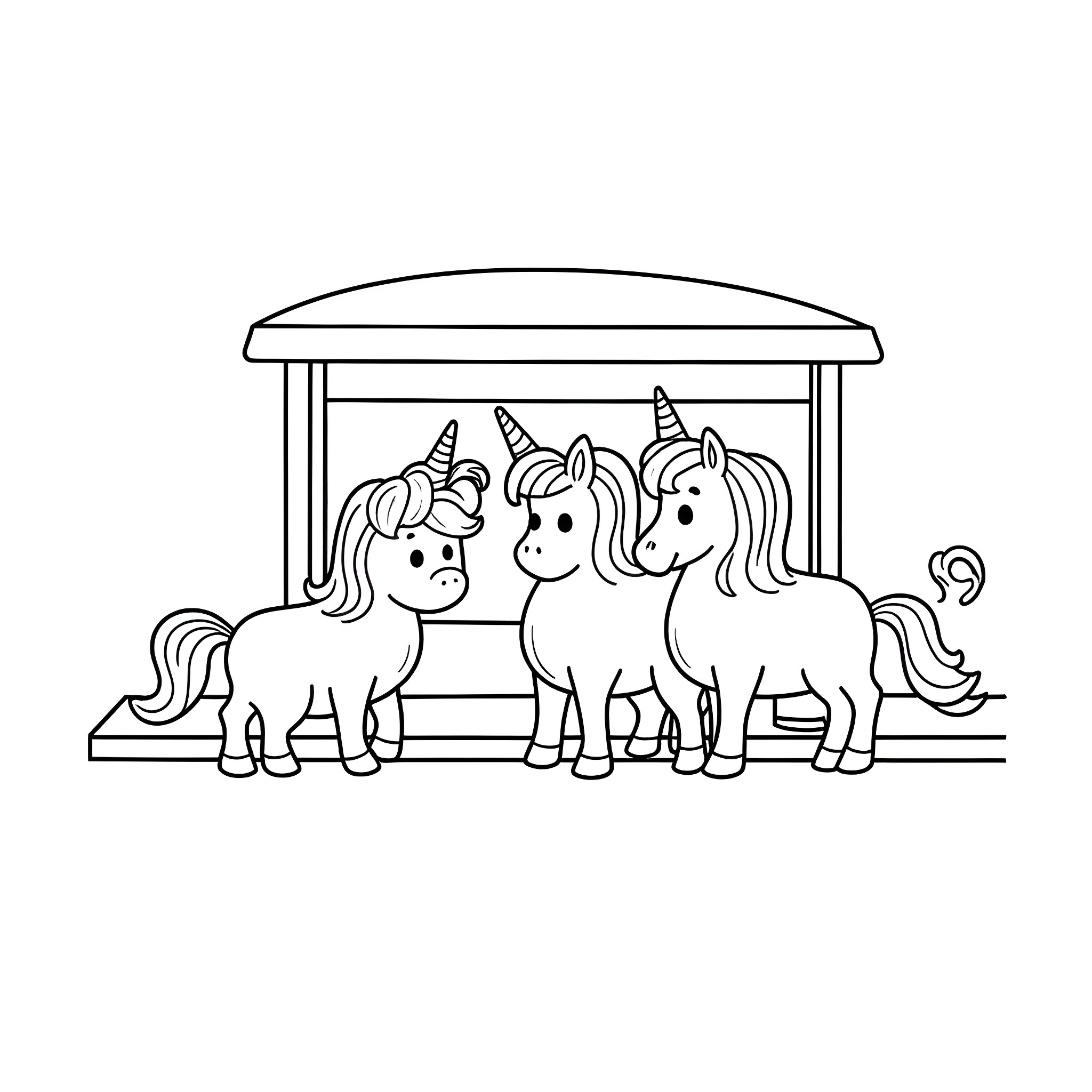Unicorn family enjoying a day out Coloring Page (free black-and-white line drawing printable PDF for all, from beginners to advanced learners, including children, teens, adults, and seniors)