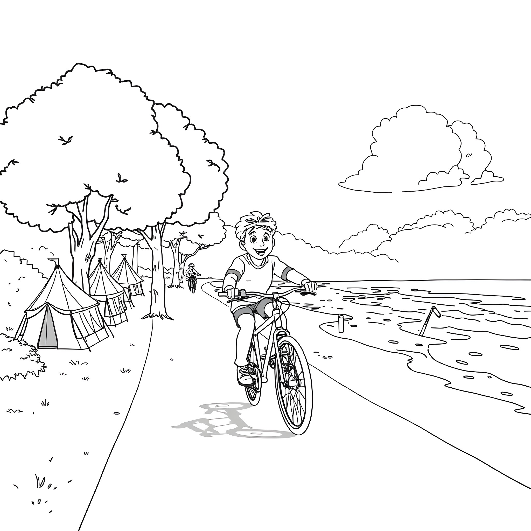 Bobo Siebenschläfer enjoys a scenic bike ride near the campsite Coloring Page (free black-and-white line drawing printable PDF for all, from beginners to advanced learners, including children, teens, adults, and seniors)