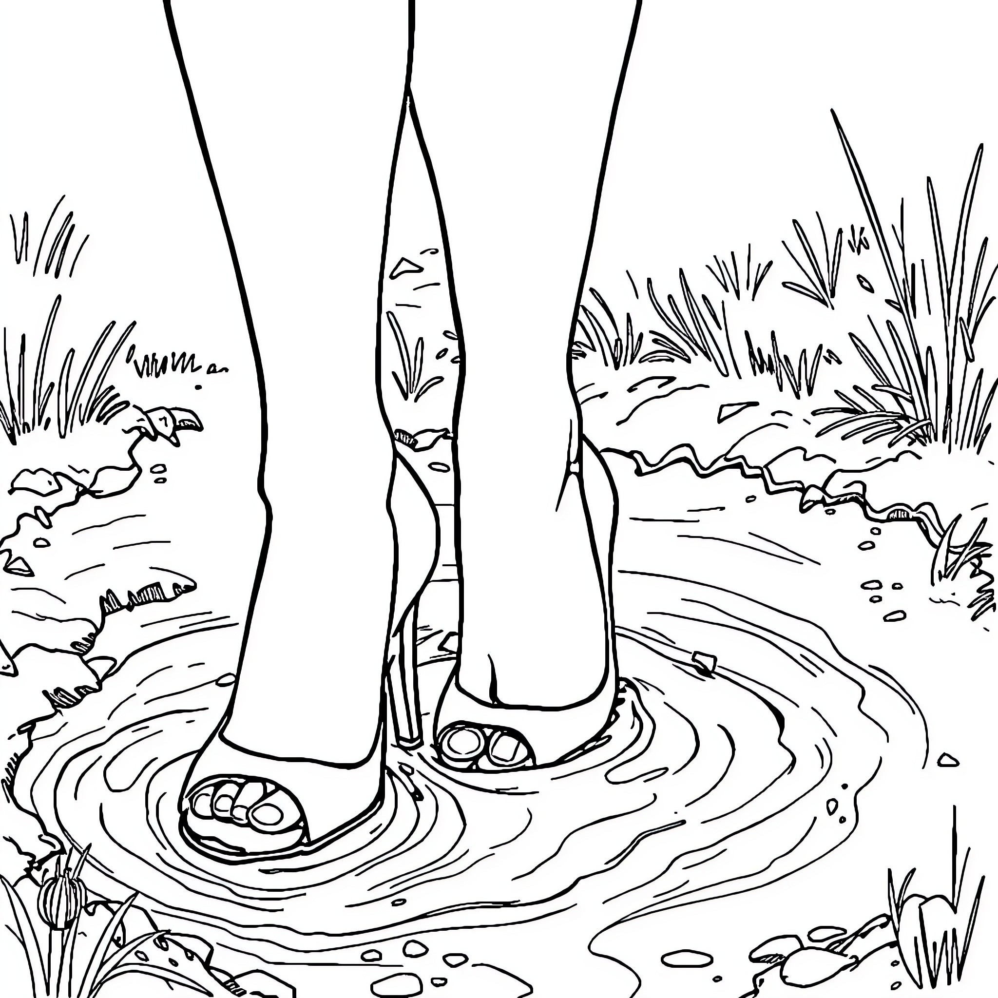 Woman standing in a tranquil pond Coloring Page (free black-and-white line drawing printable PDF for all, from beginners to advanced learners, including children, teens, adults, and seniors)