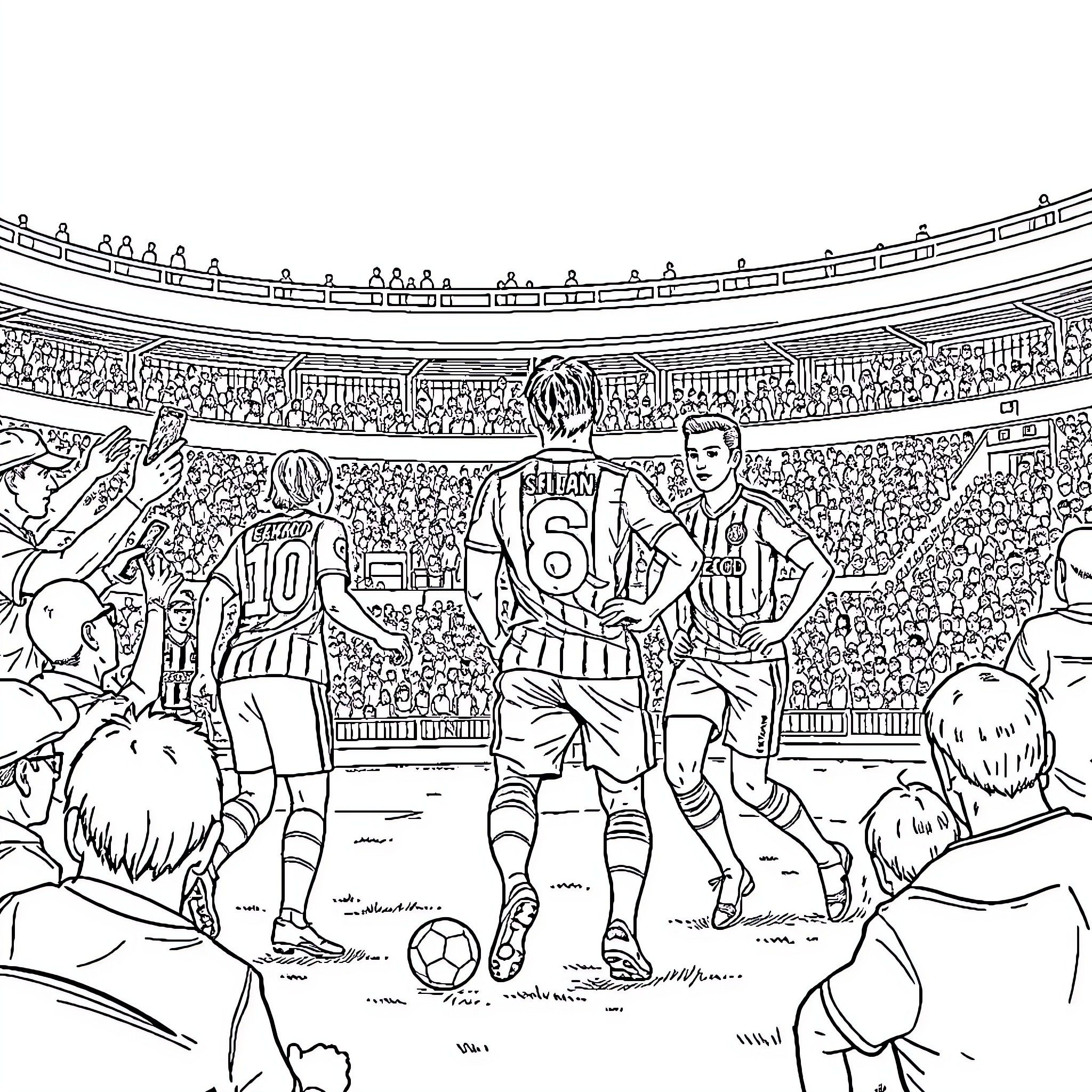 Football players competing on the field in stadium Coloring Page (free black-and-white line drawing printable PDF for all, from beginners to advanced learners, including children, teens, adults, and seniors)