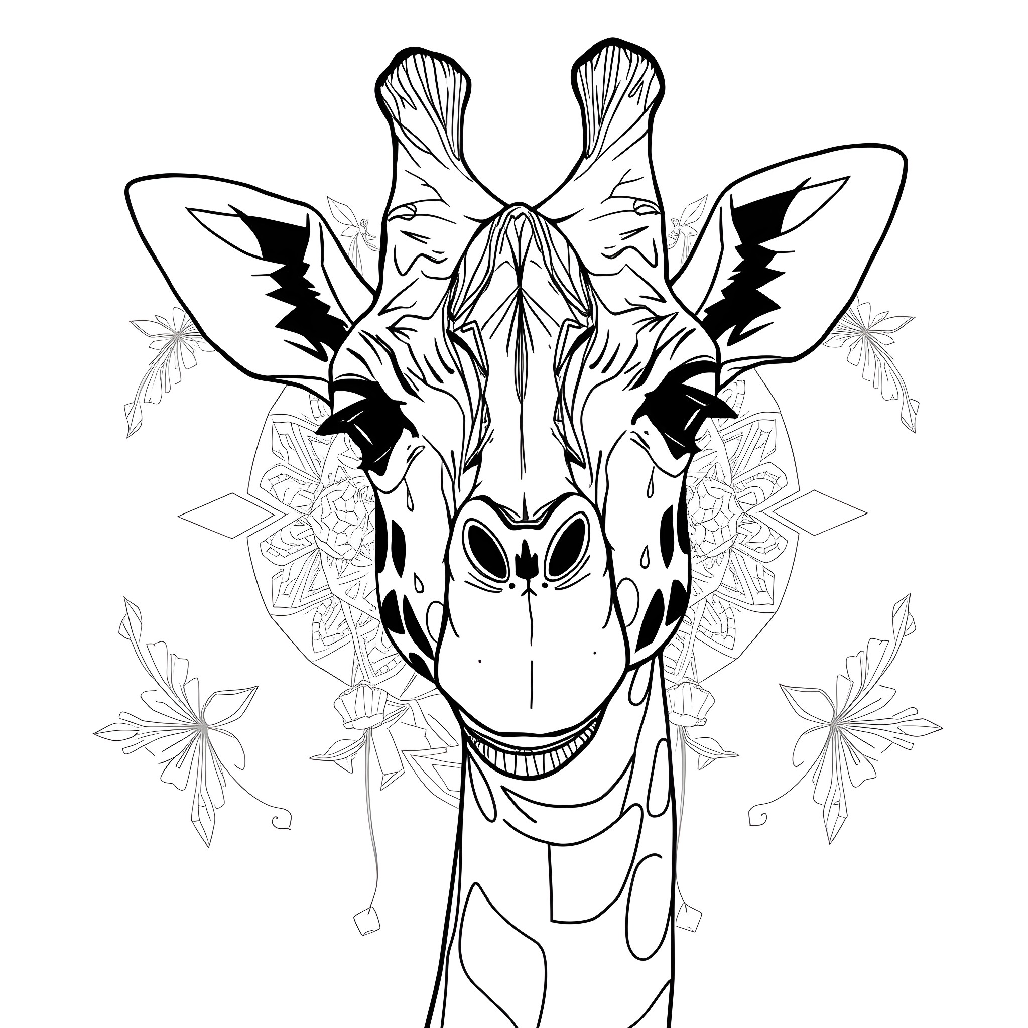 Giraffe with Intricate Floral Patterns Coloring Page (free black-and-white line drawing printable PDF for all, from beginners to advanced learners, including children, teens, adults, and seniors)