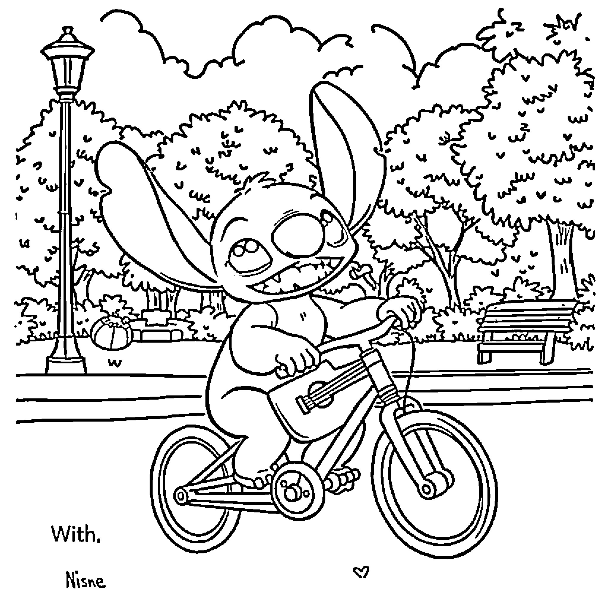 Stitch riding a bike in the park Coloring Page (free black-and-white line drawing printable PDF for all, from beginners to advanced learners, including children, teens, adults, and seniors)