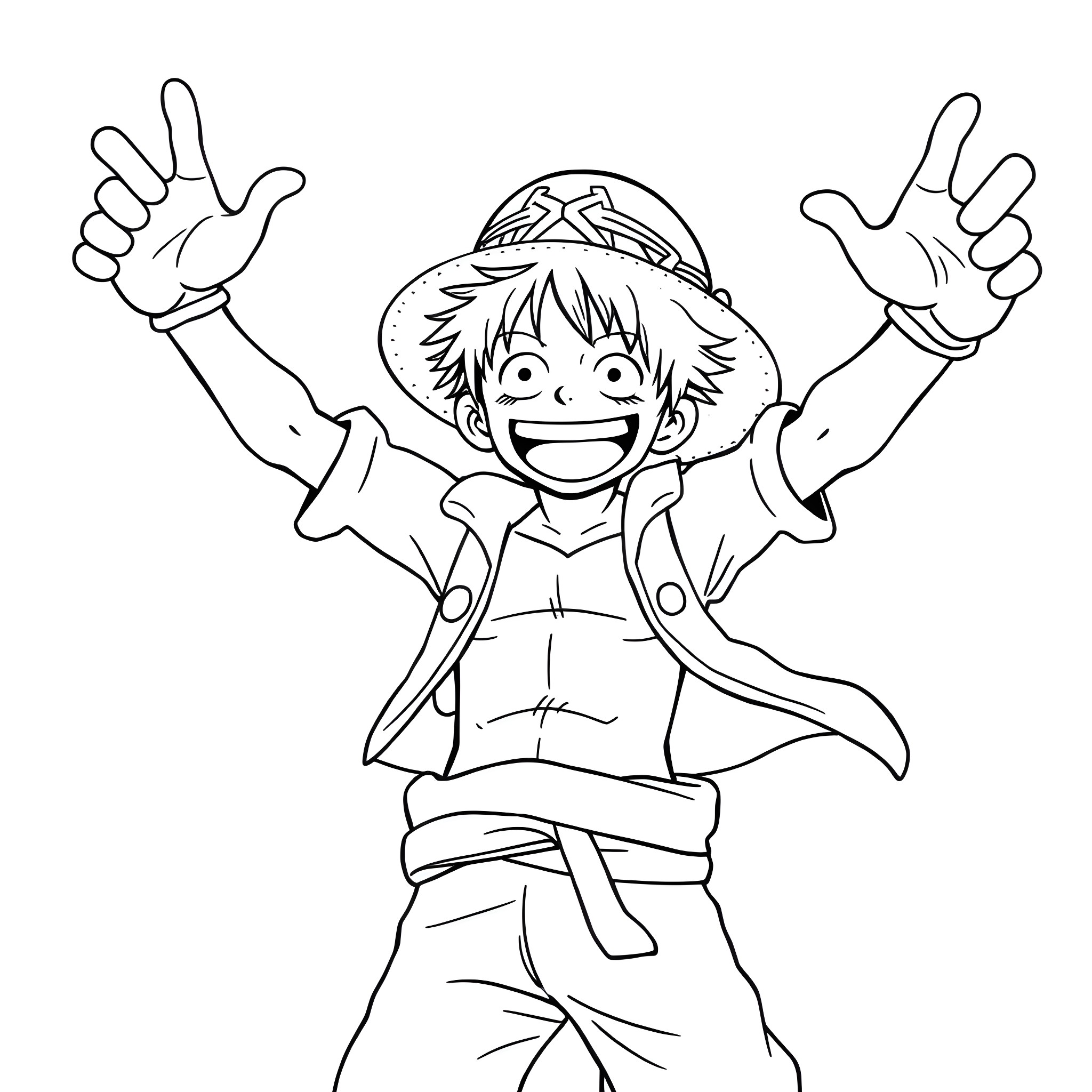 Monkey D Luffy in an excited, energetic pose Coloring Page (free black-and-white line drawing printable PDF for all, from beginners to advanced learners, including children, teens, adults, and seniors)