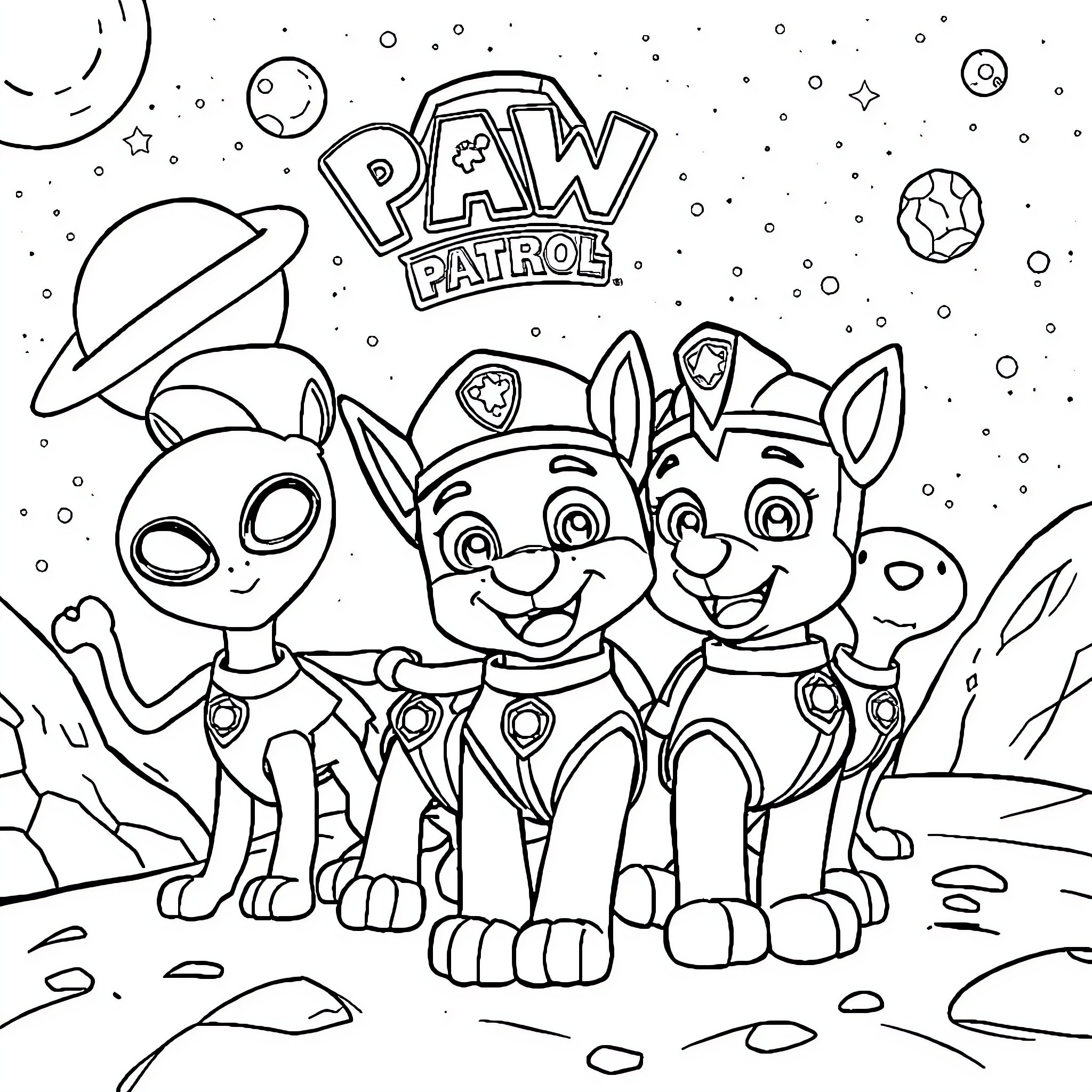 Paw Patrol Members in Space Adventure Coloring Page (free black-and-white line drawing printable PDF for all, from beginners to advanced learners, including children, teens, adults, and seniors)