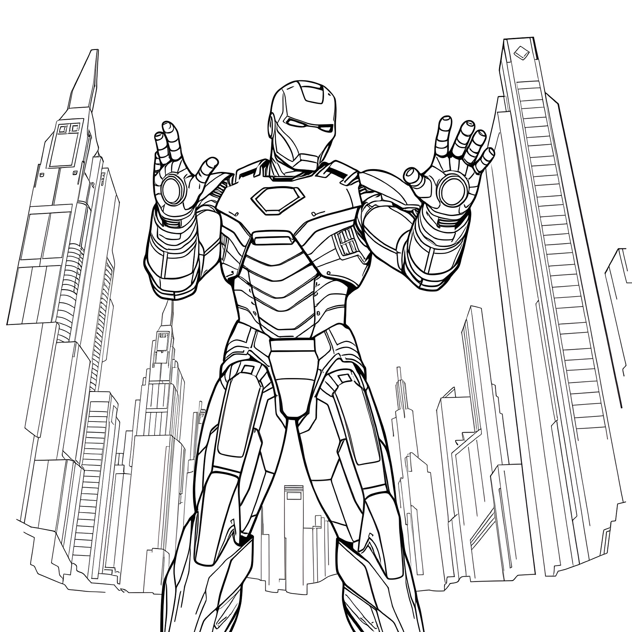 Ironman standing heroically in the city Coloring Page (free black-and-white line drawing printable PDF for all, from beginners to advanced learners, including children, teens, adults, and seniors)