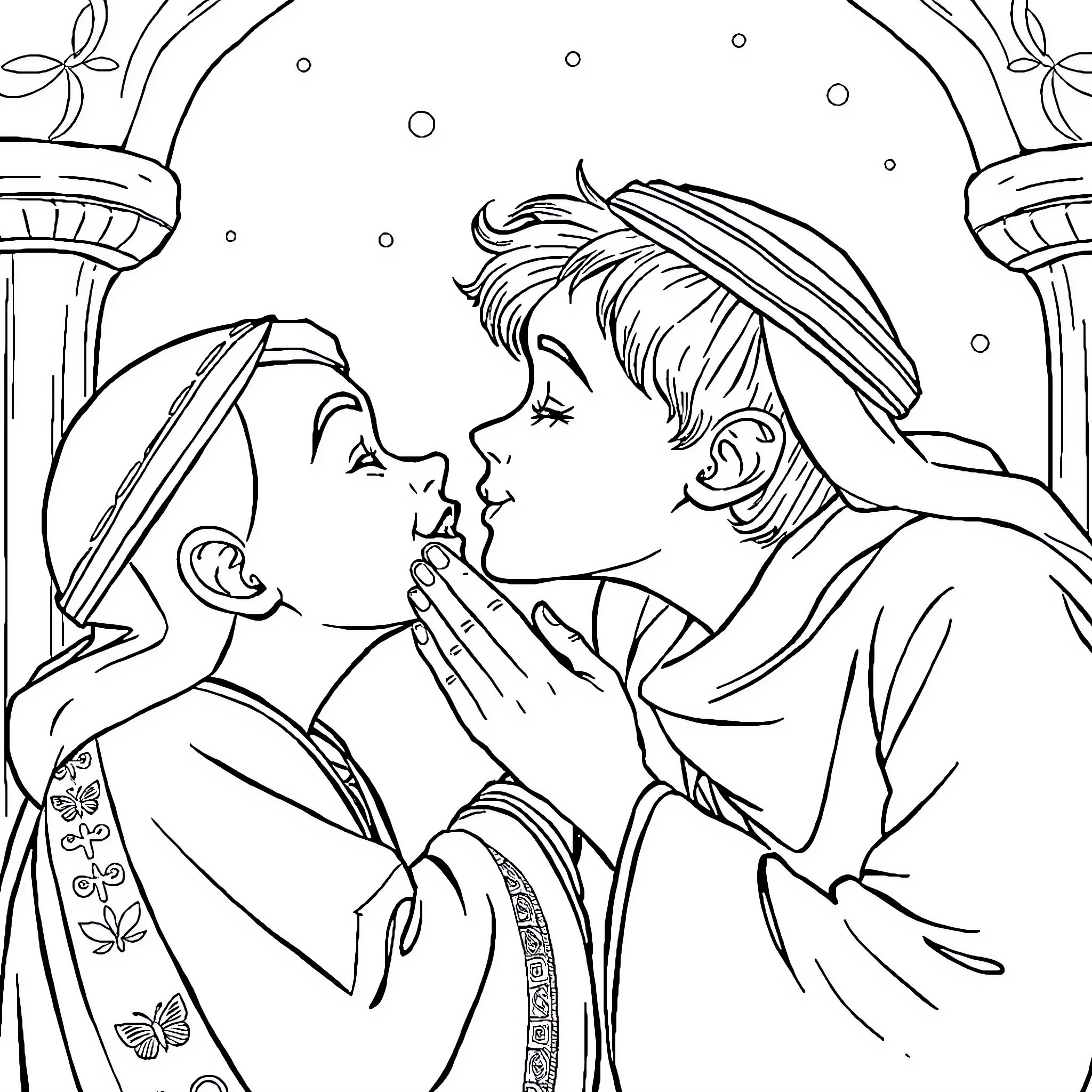 Rumi's Intimate Embrace Coloring Page (free black-and-white line drawing printable PDF for all, from beginners to advanced learners, including children, teens, adults, and seniors)
