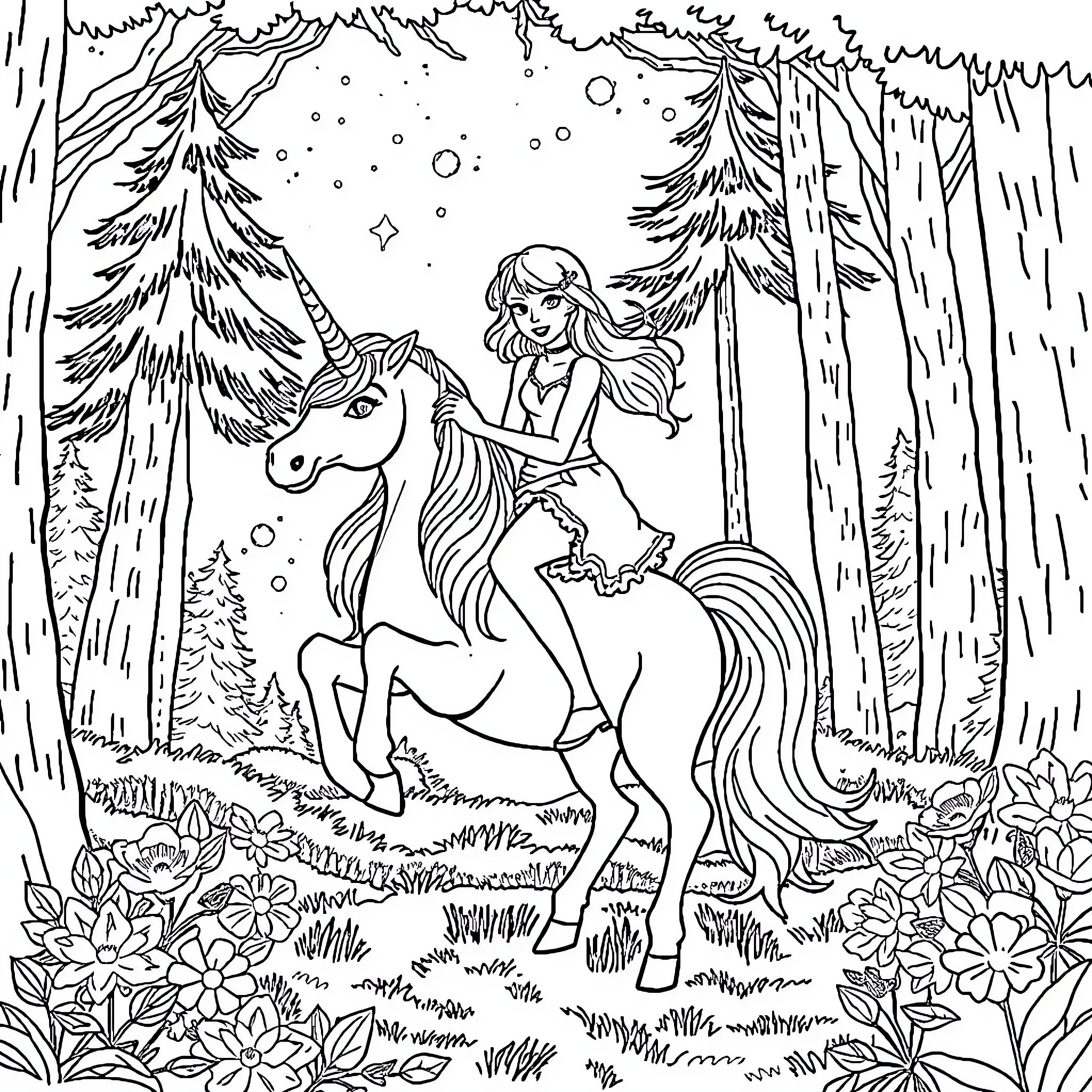 Taylor Swift rides a unicorn in a magical forest Coloring Page (free black-and-white line drawing printable PDF for all, from beginners to advanced learners, including children, teens, adults, and seniors)