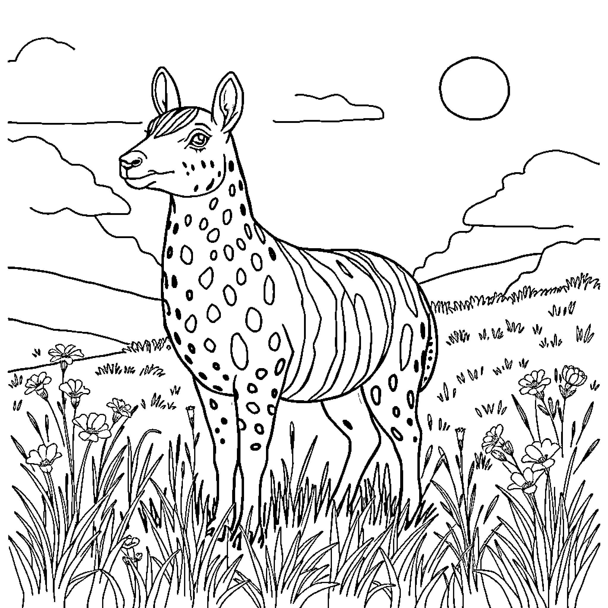 Mandola, the Spotted Creature Enjoying the Meadow Coloring Page (free black-and-white line drawing printable PDF for all, from beginners to advanced learners, including children, teens, adults, and seniors)