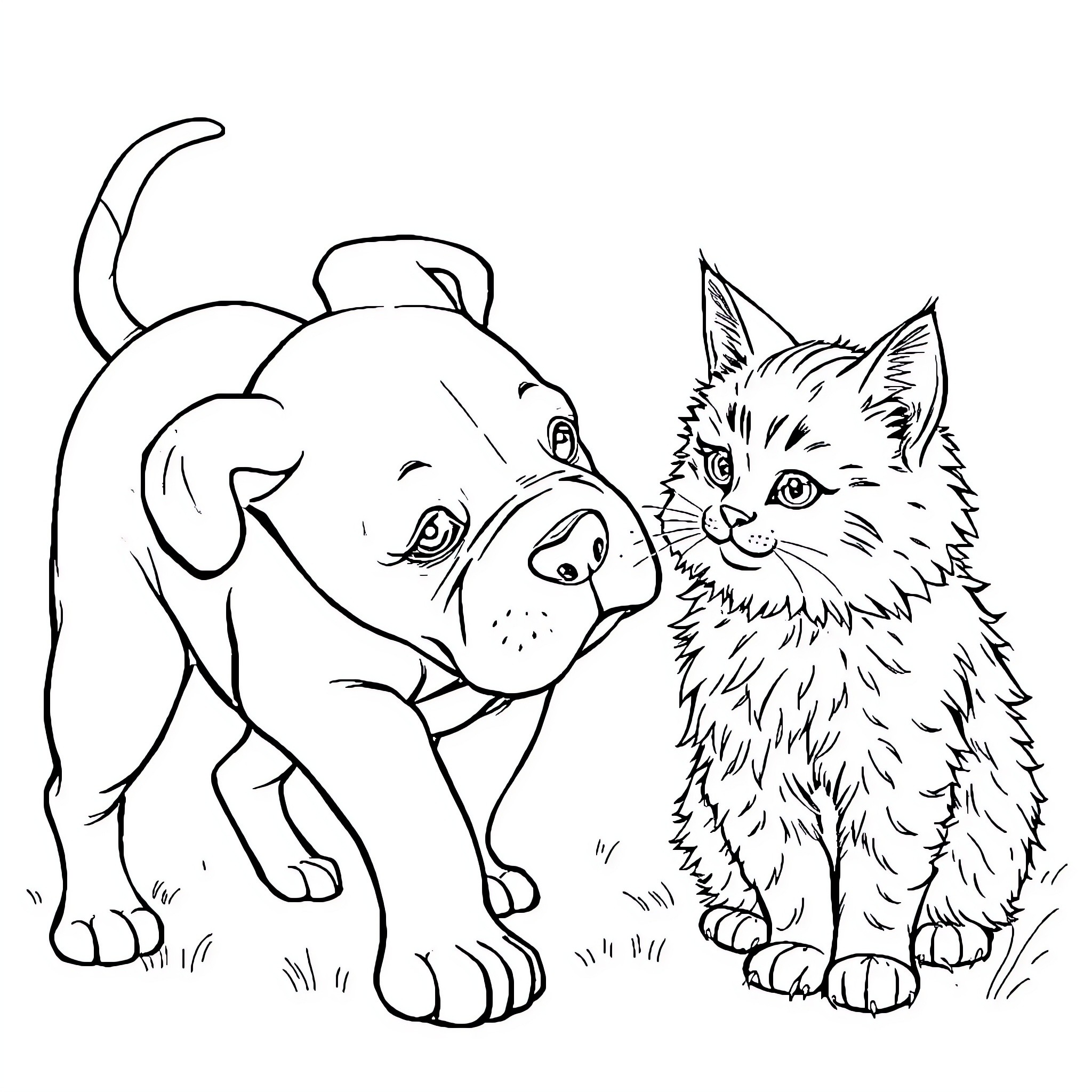 Pitbull and Kitten Playing Together Coloring Page (free black-and-white line drawing printable PDF for all, from beginners to advanced learners, including children, teens, adults, and seniors)