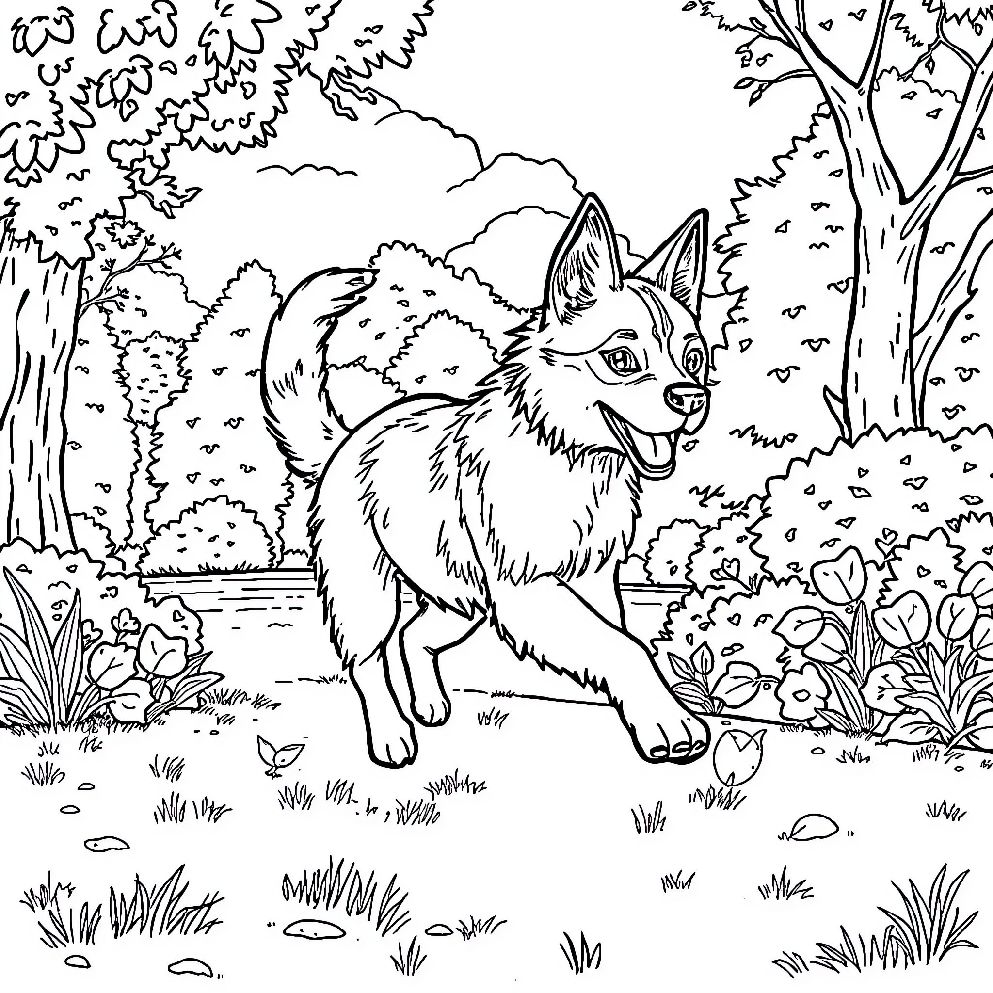 Dog exploring the lush forest landscape Coloring Page (free black-and-white line drawing printable PDF for all, from beginners to advanced learners, including children, teens, adults, and seniors)