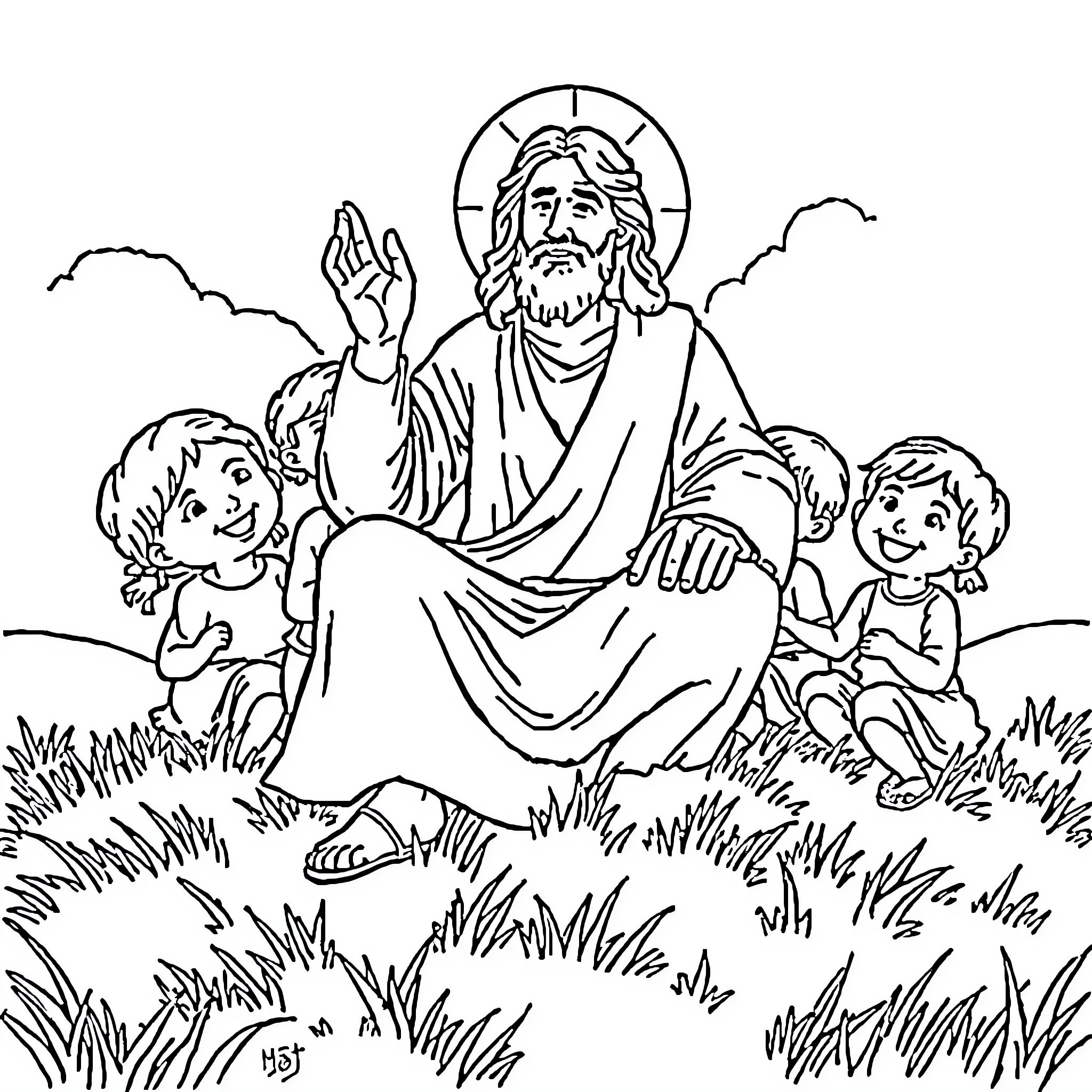 Jesus Teaching and Blessing the Children Coloring Page (free black-and-white line drawing printable PDF for all, from beginners to advanced learners, including children, teens, adults, and seniors)
