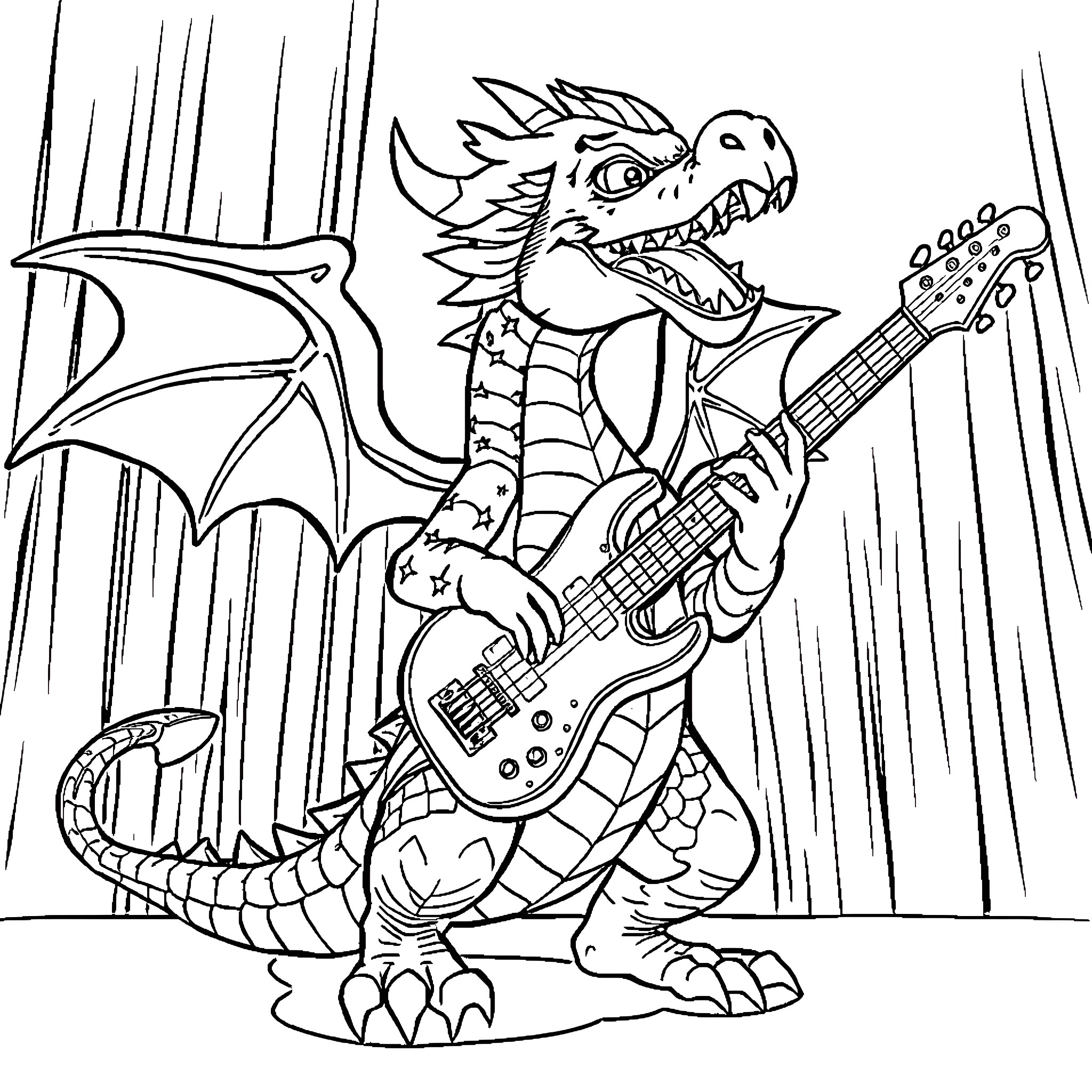 Dragon Playing Electric Guitar on Stage Coloring Page (free black-and-white line drawing printable PDF for all, from beginners to advanced learners, including children, teens, adults, and seniors)