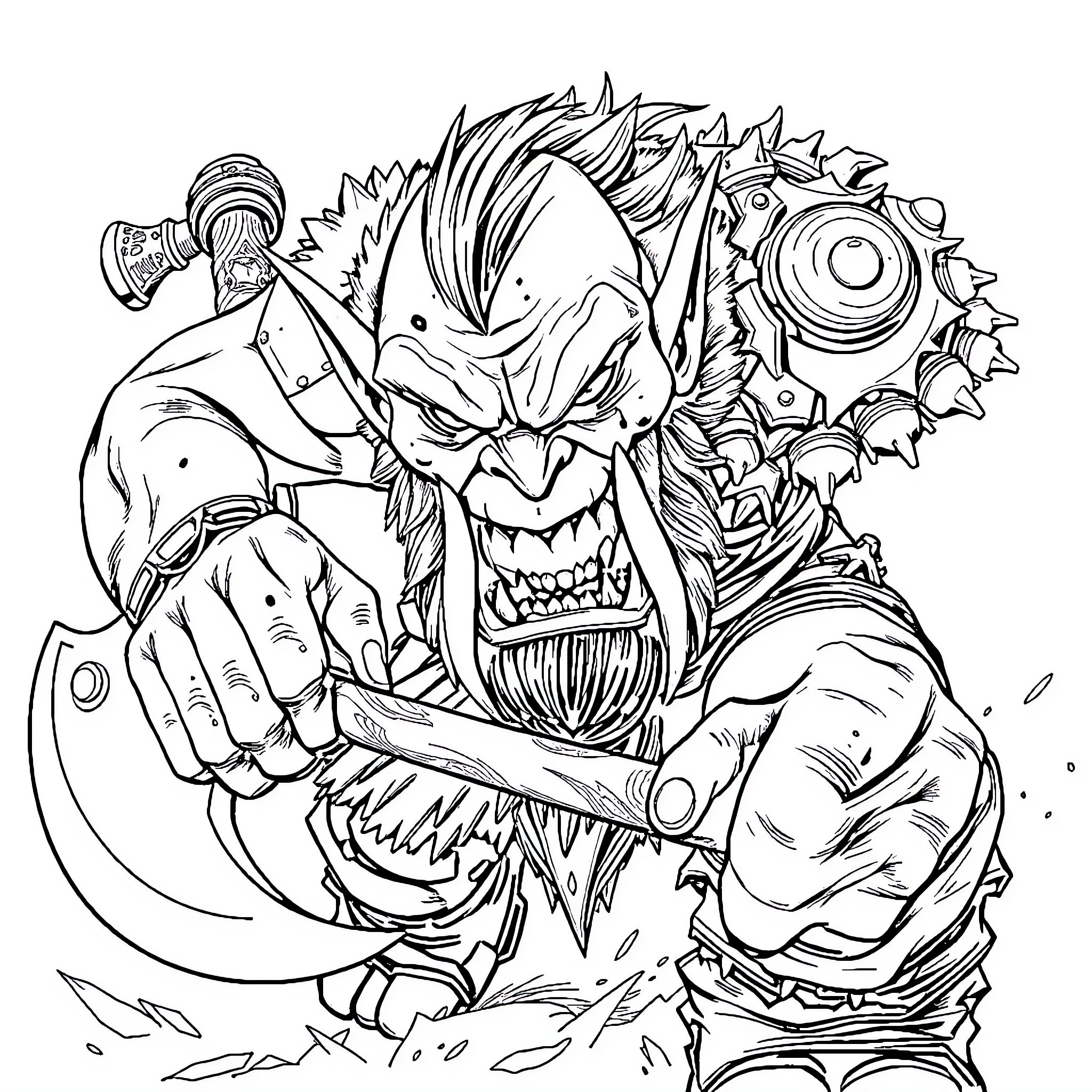 Orc Warrior Wielding Fearsome Weaponry Coloring Page (free black-and-white line drawing printable PDF for all, from beginners to advanced learners, including children, teens, adults, and seniors)