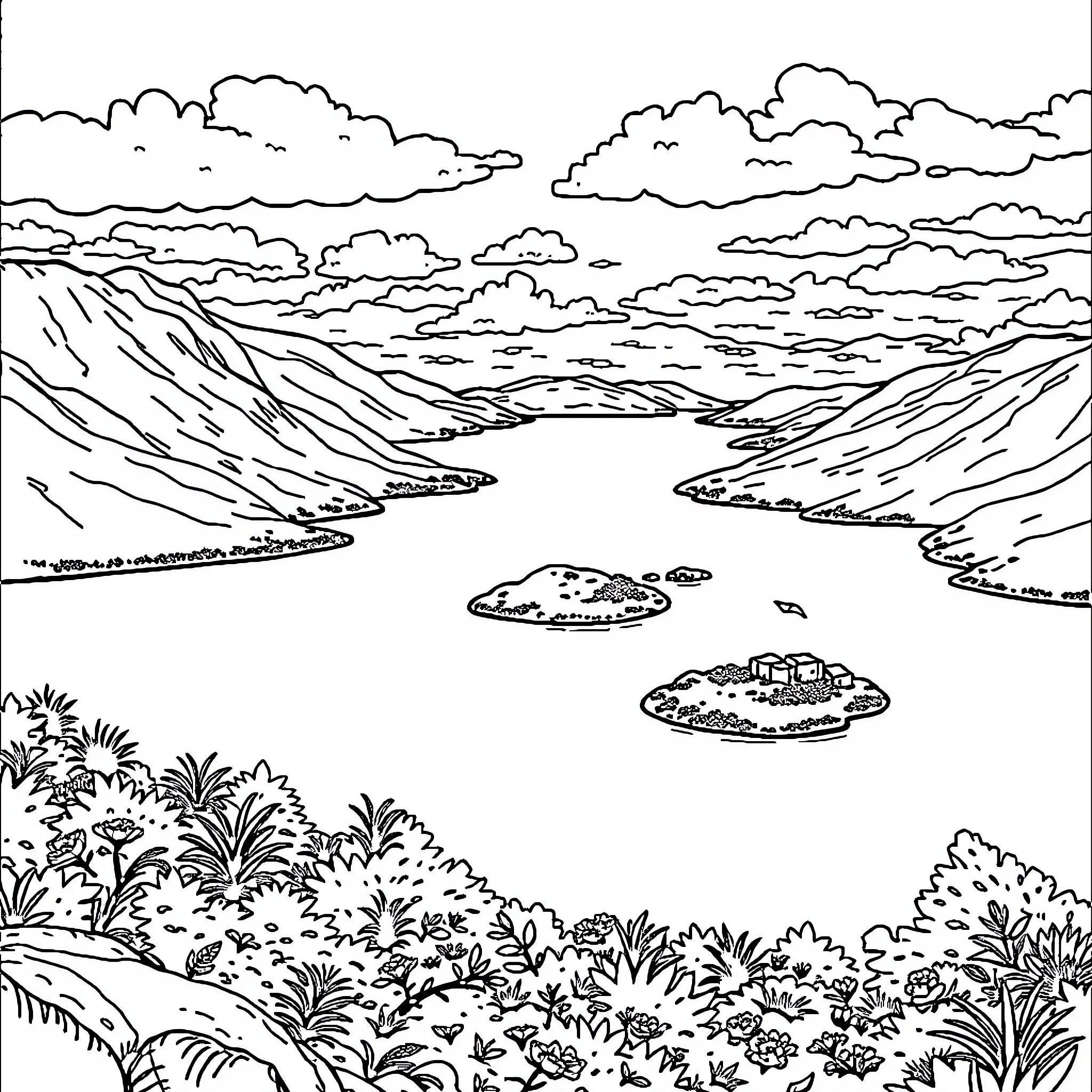 Loch Lomond scenic landscape with rocky islands Coloring Page (free black-and-white line drawing printable PDF for all, from beginners to advanced learners, including children, teens, adults, and seniors)
