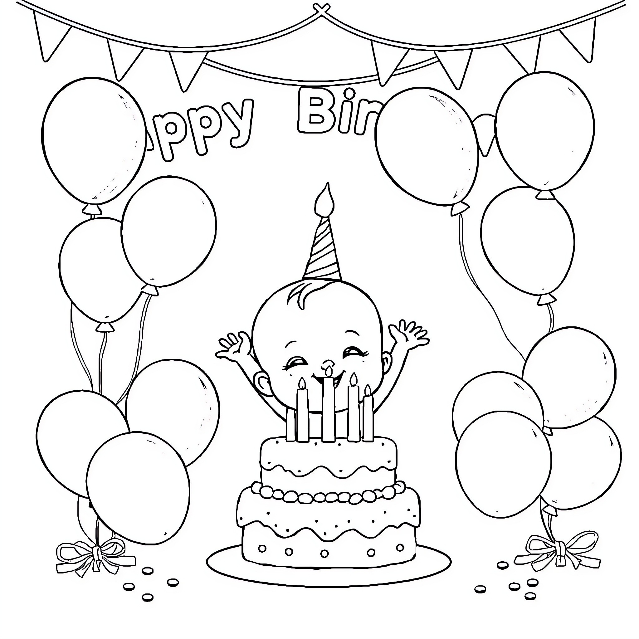Baby celebrating happy birthday with cake and balloons Coloring Page (free black-and-white line drawing printable PDF for all, from beginners to advanced learners, including children, teens, adults, and seniors)
