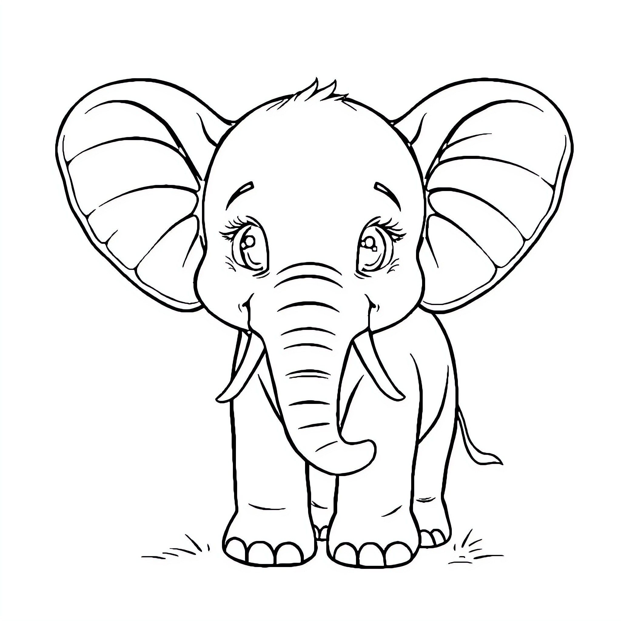 Elephant cub with big ears in a simple illustration Coloring Page (free black-and-white line drawing printable PDF for all, from beginners to advanced learners, including children, teens, adults, and seniors)