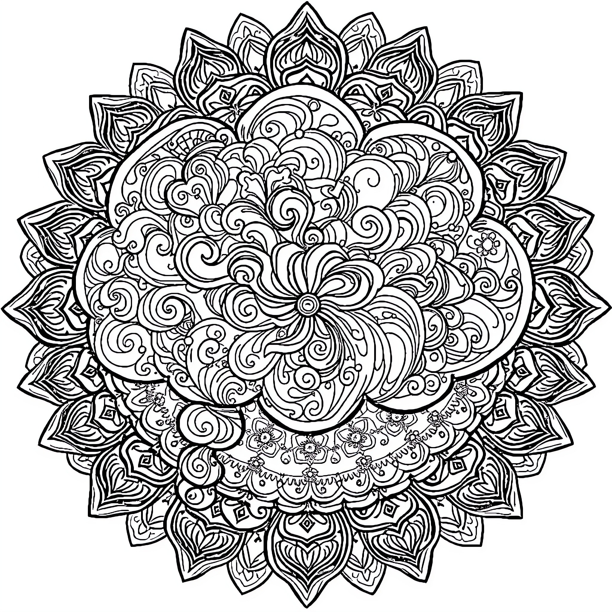 Thought Bubble Intricate Mandala Artwork Coloring Page (free black-and-white line drawing printable PDF for all, from beginners to advanced learners, including children, teens, adults, and seniors)