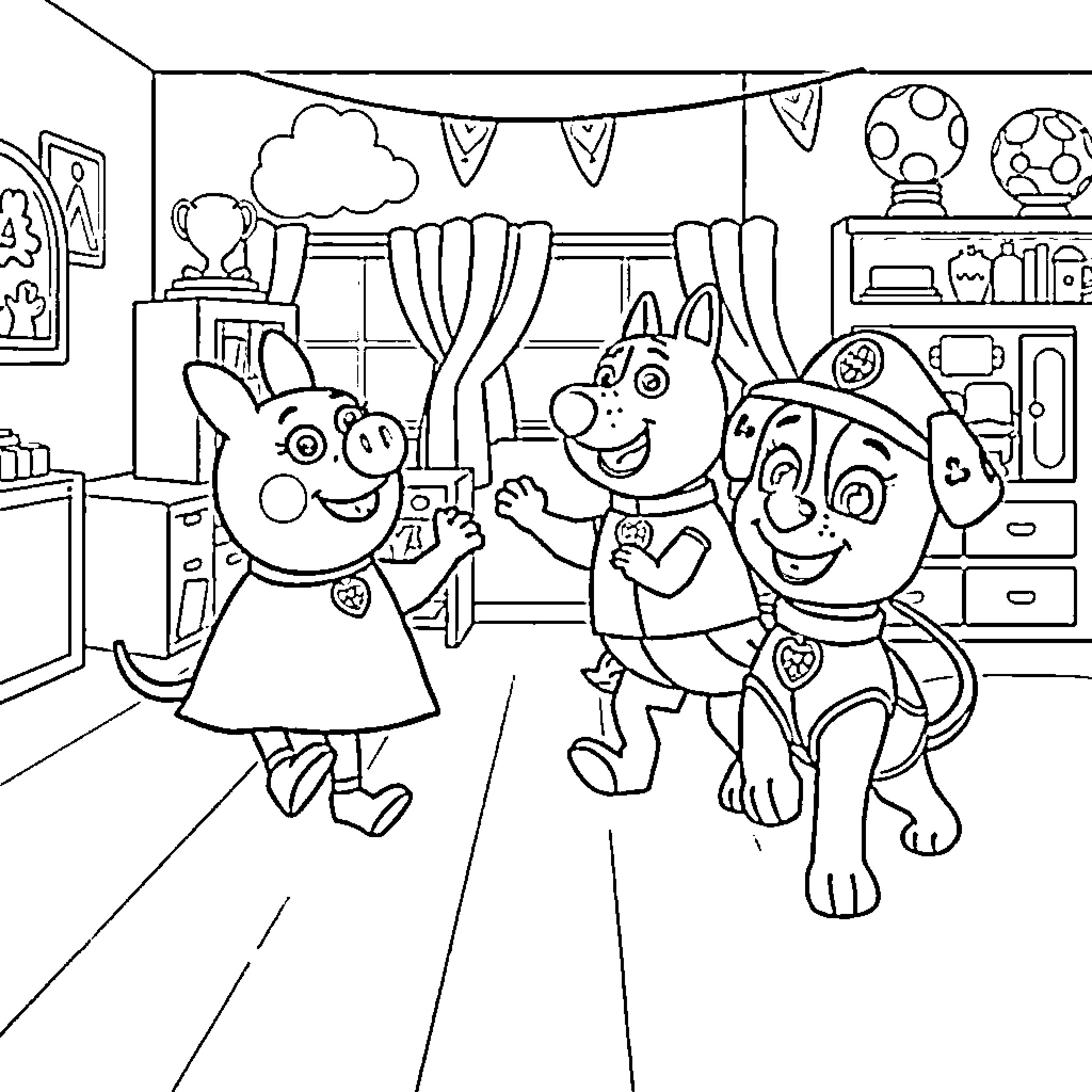 Paw Patrol Celebrates a Joyful Gathering Coloring Page (free black-and-white line drawing printable PDF for all, from beginners to advanced learners, including children, teens, adults, and seniors)