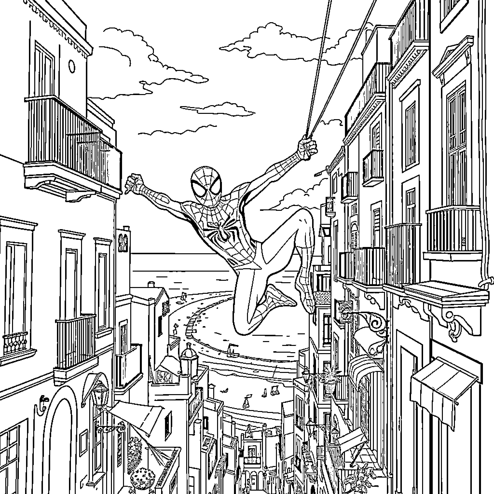 Spiderman swinging through the city streets Coloring Page (free black-and-white line drawing printable PDF for all, from beginners to advanced learners, including children, teens, adults, and seniors)