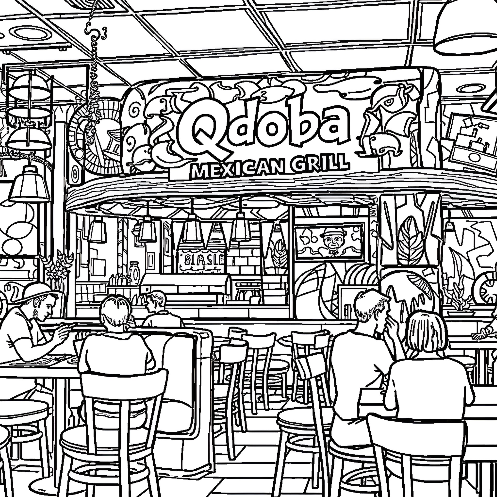 Qdoba Mexican Grill Dining Experience Coloring Page (free black-and-white line drawing printable PDF for all, from beginners to advanced learners, including children, teens, adults, and seniors)