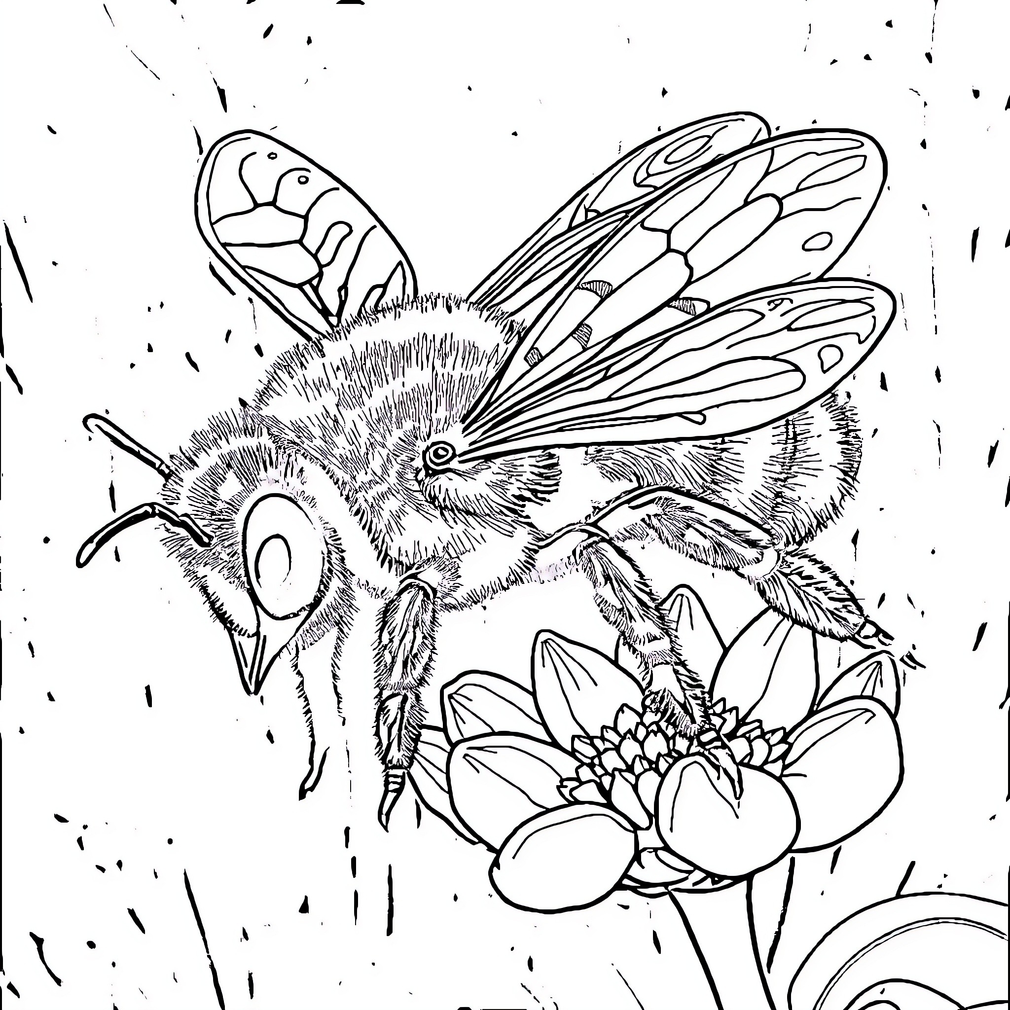 Bee gathering nectar from a vibrant flower Coloring Page (free black-and-white line drawing printable PDF for all, from beginners to advanced learners, including children, teens, adults, and seniors)