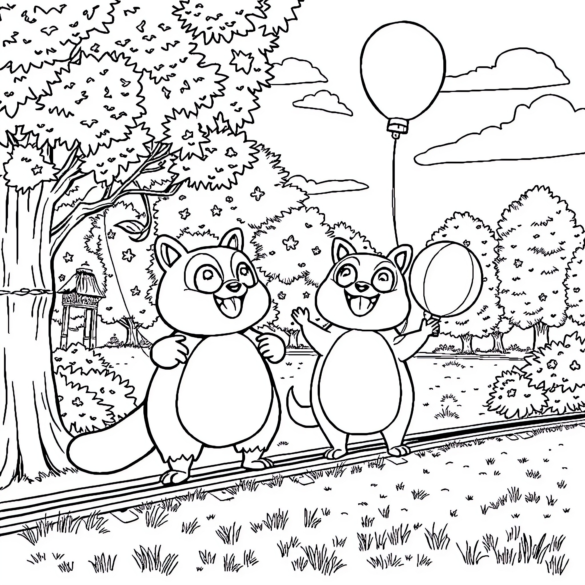 Rock squirrels playing joyfully in the forest Coloring Page (free black-and-white line drawing printable PDF for all, from beginners to advanced learners, including children, teens, adults, and seniors)