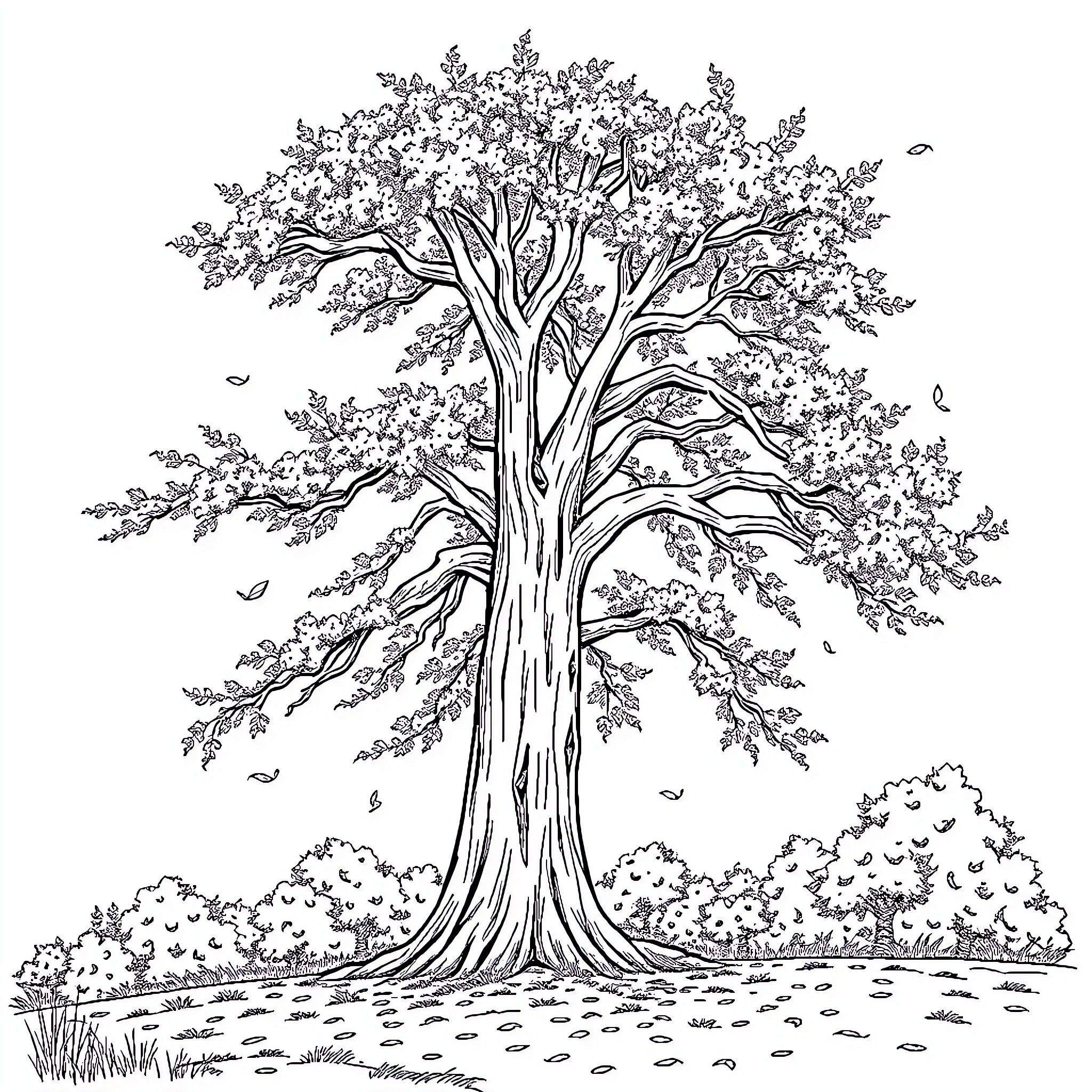 Tree with Lush Foliage in Scenic Landscape Coloring Page (free black-and-white line drawing printable PDF for all, from beginners to advanced learners, including children, teens, adults, and seniors)