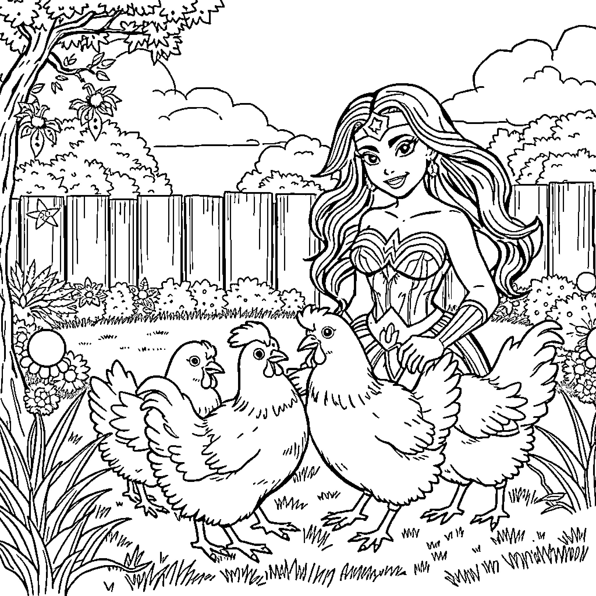 Wonder Woman interacts with farm animals in a garden setting Coloring Page (free black-and-white line drawing printable PDF for all, from beginners to advanced learners, including children, teens, adults, and seniors)