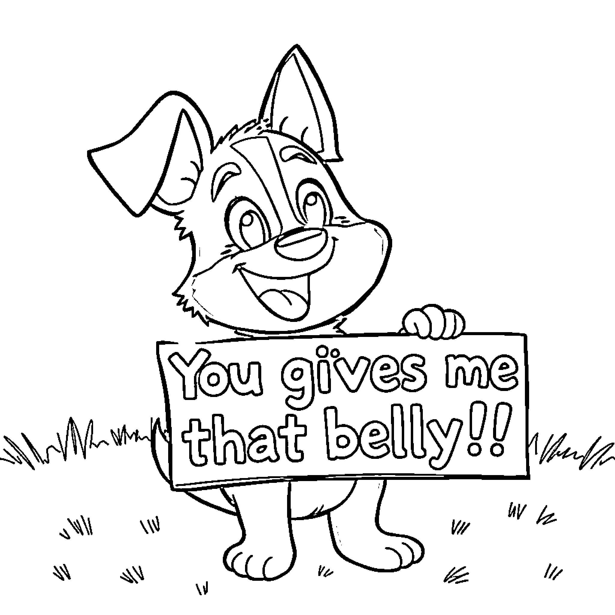 Bluey holding a funny sign with an expression Coloring Page (free black-and-white line drawing printable PDF for all, from beginners to advanced learners, including children, teens, adults, and seniors)