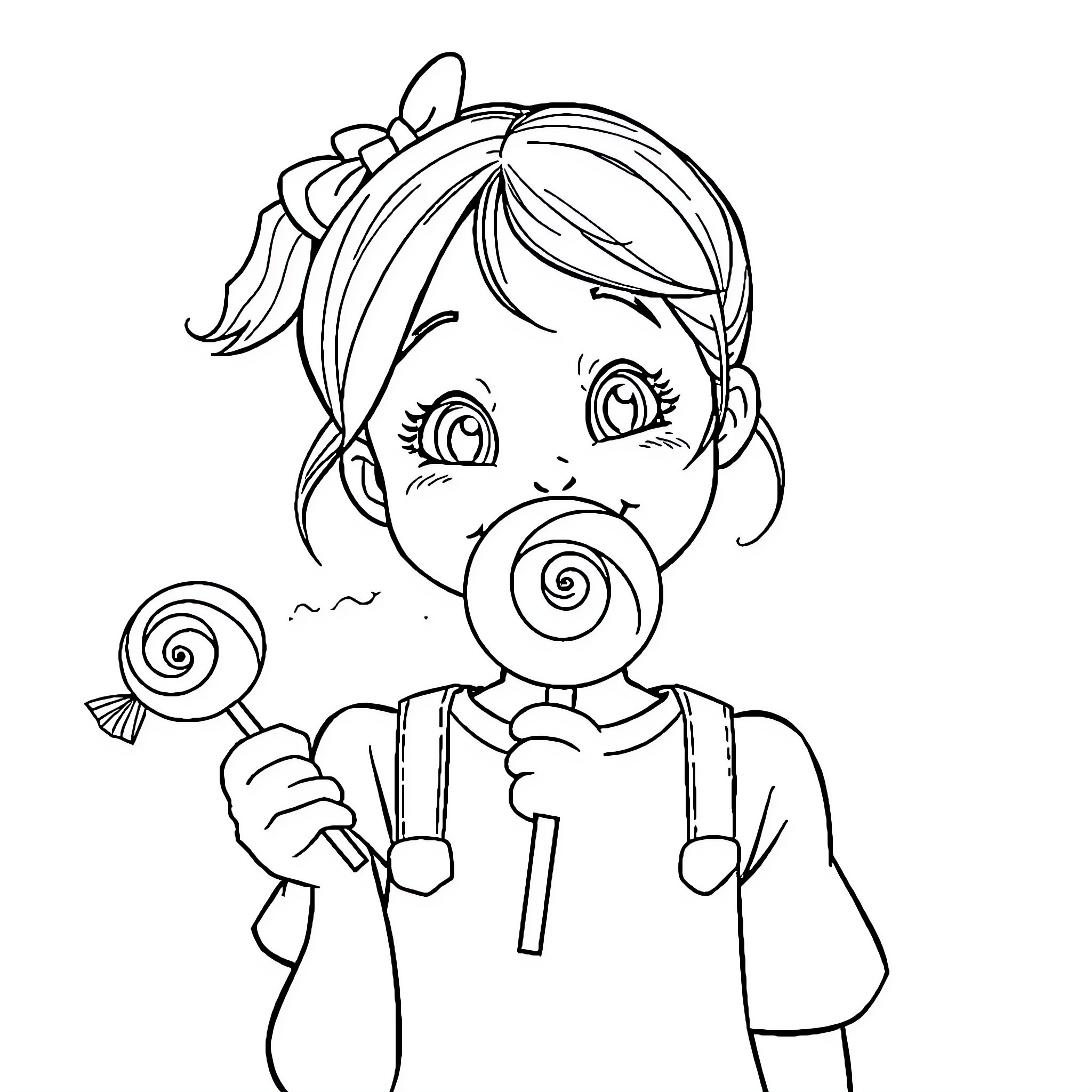 Girl holding a lollipop and making a funny face Coloring Page (free black-and-white line drawing printable PDF for all, from beginners to advanced learners, including children, teens, adults, and seniors)