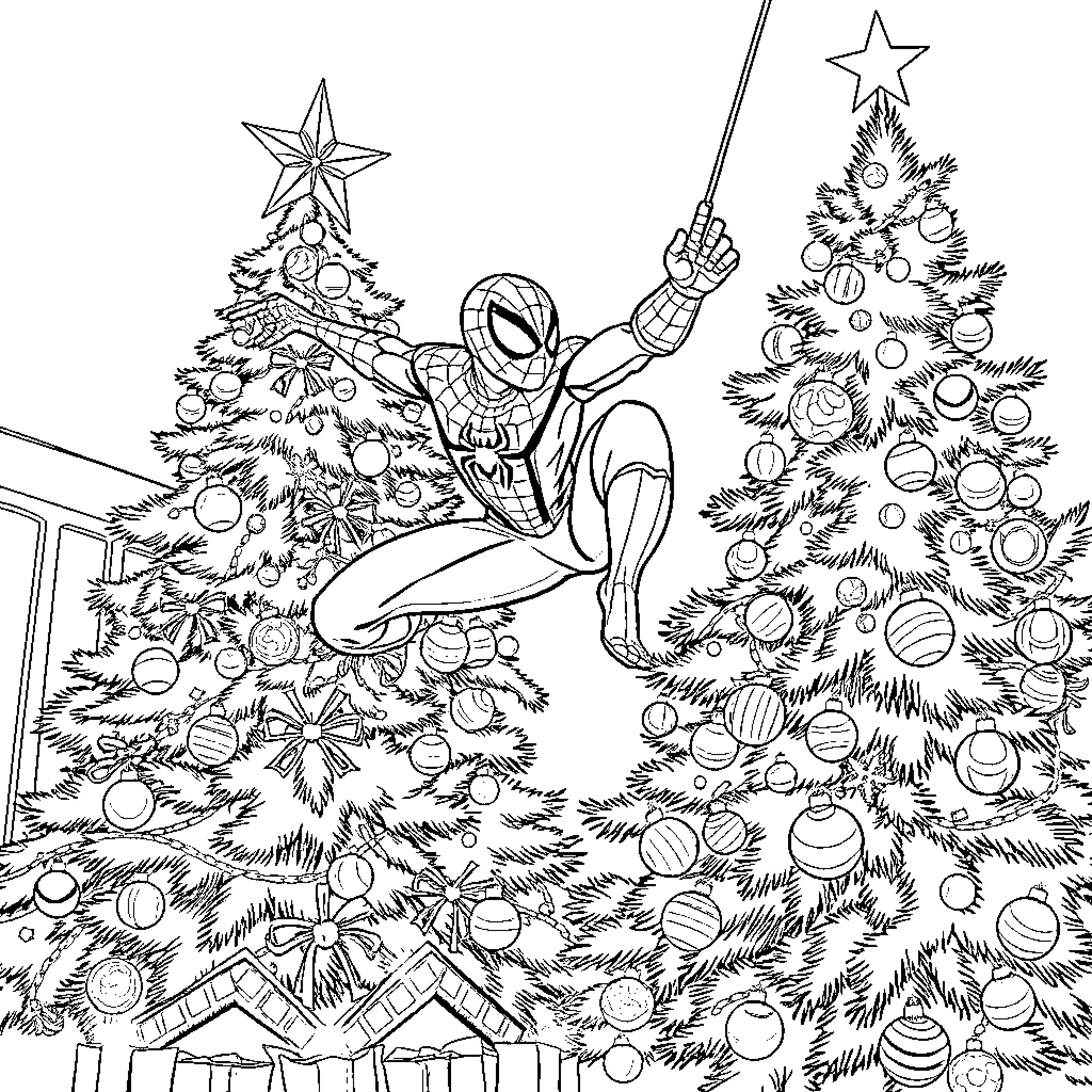 Spiderman decorating Christmas trees with joy Coloring Page (free black-and-white line drawing printable PDF for all, from beginners to advanced learners, including children, teens, adults, and seniors)