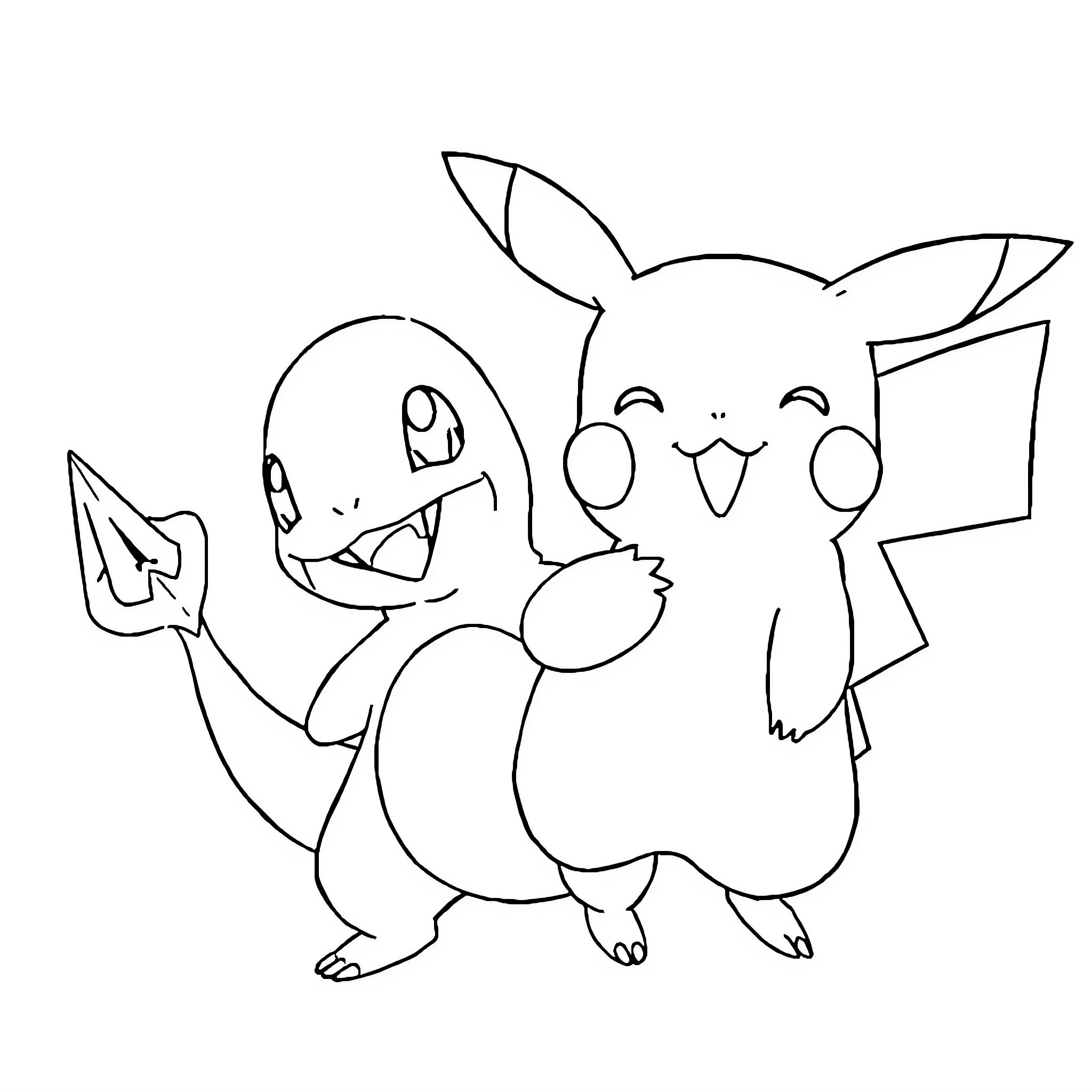 Pikachu and Charmander playing together Coloring Page (free black-and-white line drawing printable PDF for all, from beginners to advanced learners, including children, teens, adults, and seniors)