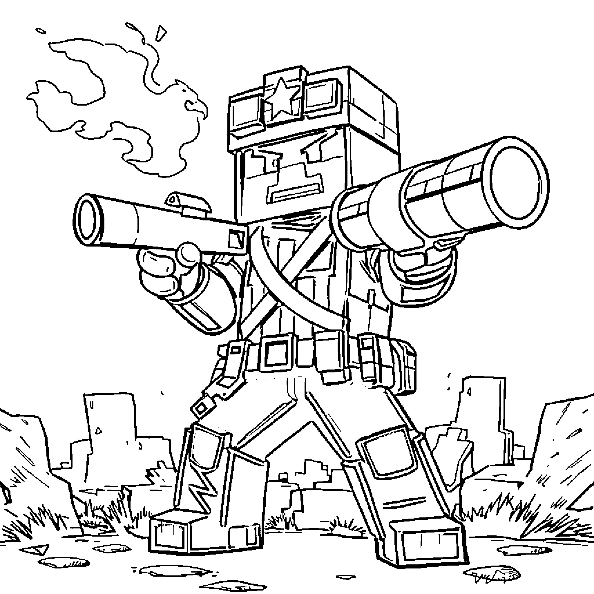 Warden Robot Wielding Dual Blasters in Combat Stance Coloring Page (free black-and-white line drawing printable PDF for all, from beginners to advanced learners, including children, teens, adults, and seniors)