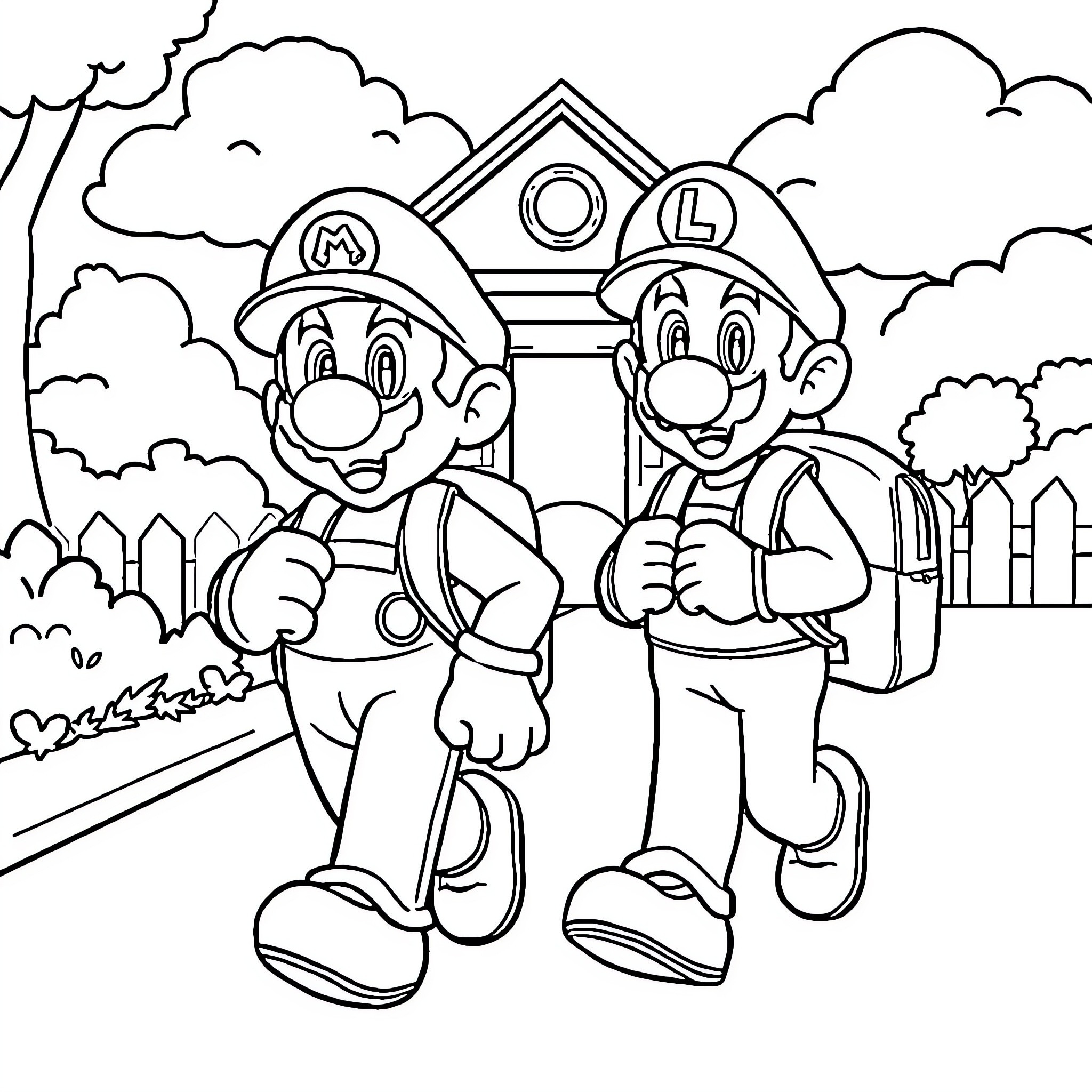 Mario and Luigi on Duty in Cartoon Village Coloring Page (free black-and-white line drawing printable PDF for all, from beginners to advanced learners, including children, teens, adults, and seniors)