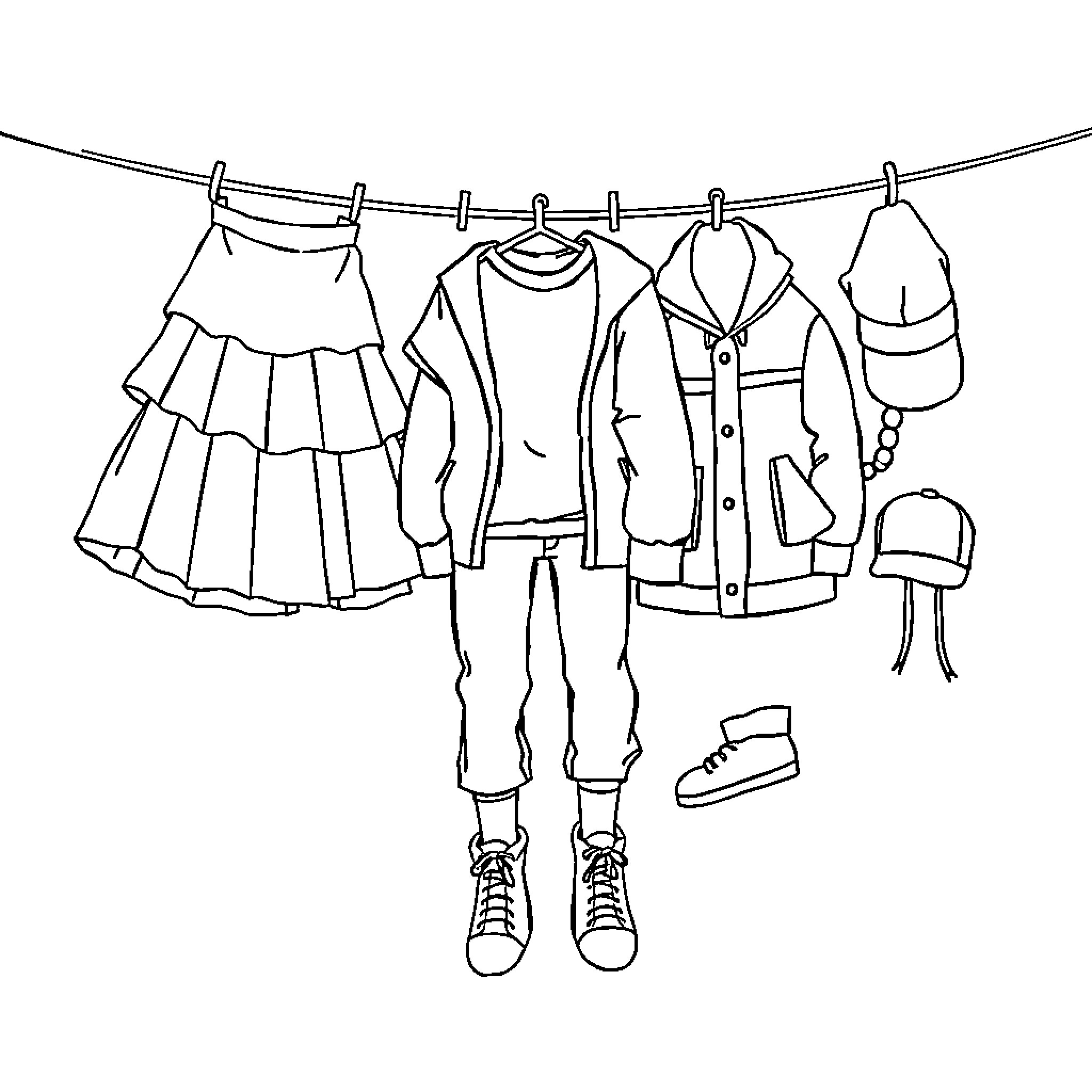 Clothes drying on the line Coloring Page (free black-and-white line drawing printable PDF for all, from beginners to advanced learners, including children, teens, adults, and seniors)