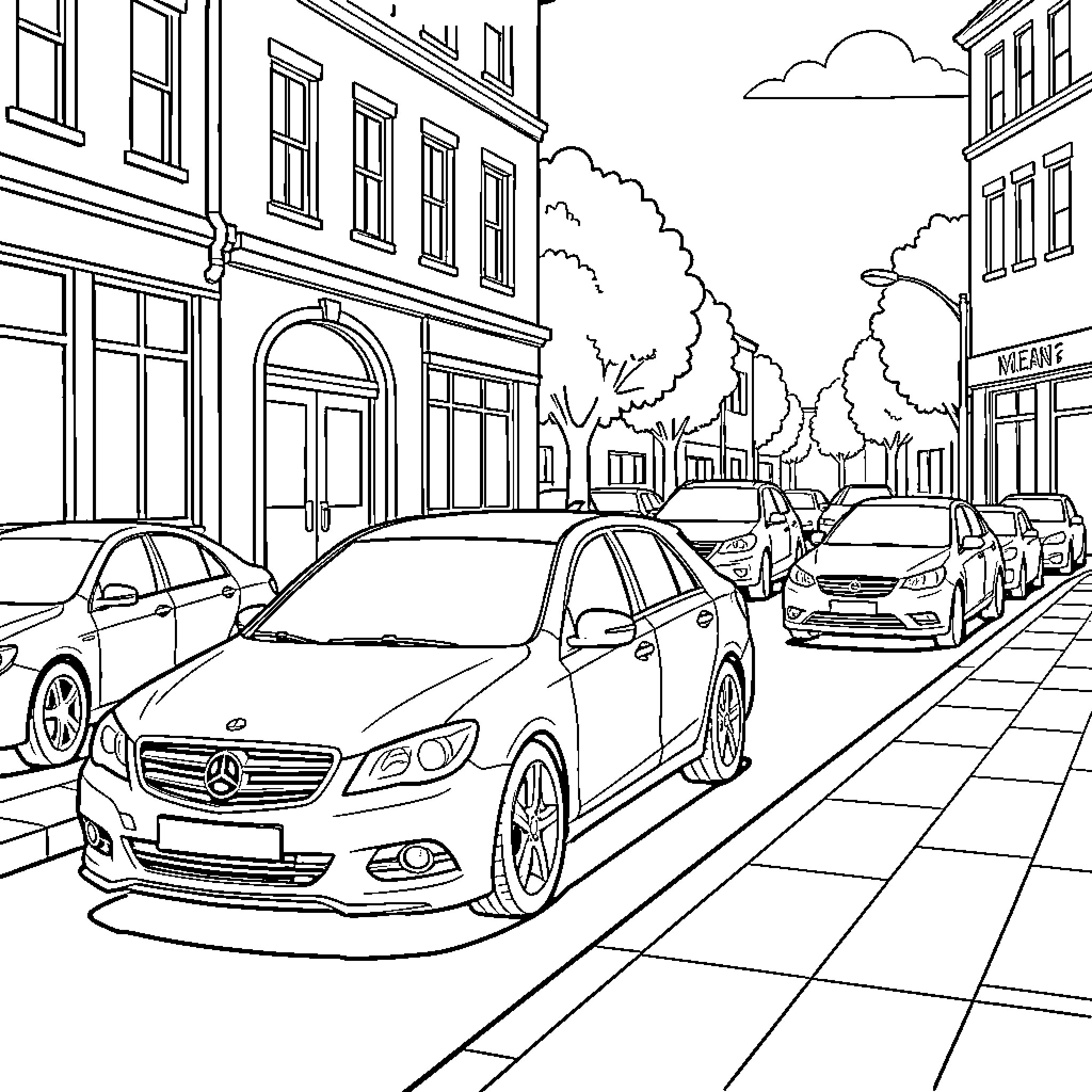 Car driving along a busy city street Coloring Page (free black-and-white line drawing printable PDF for all, from beginners to advanced learners, including children, teens, adults, and seniors)