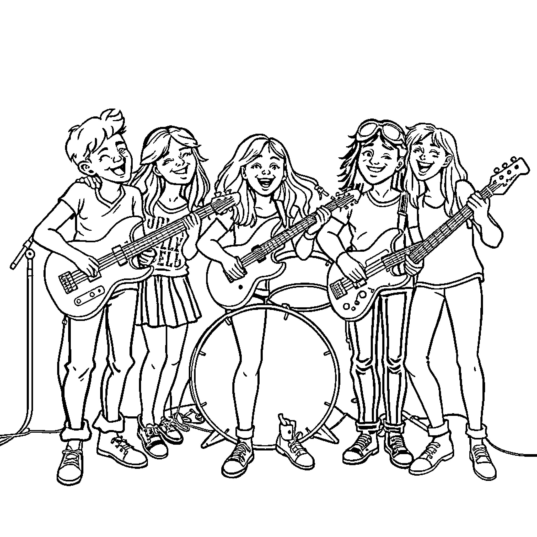 Friend's Rock Band Performing Joyfully on Stage Coloring Page (free black-and-white line drawing printable PDF for all, from beginners to advanced learners, including children, teens, adults, and seniors)