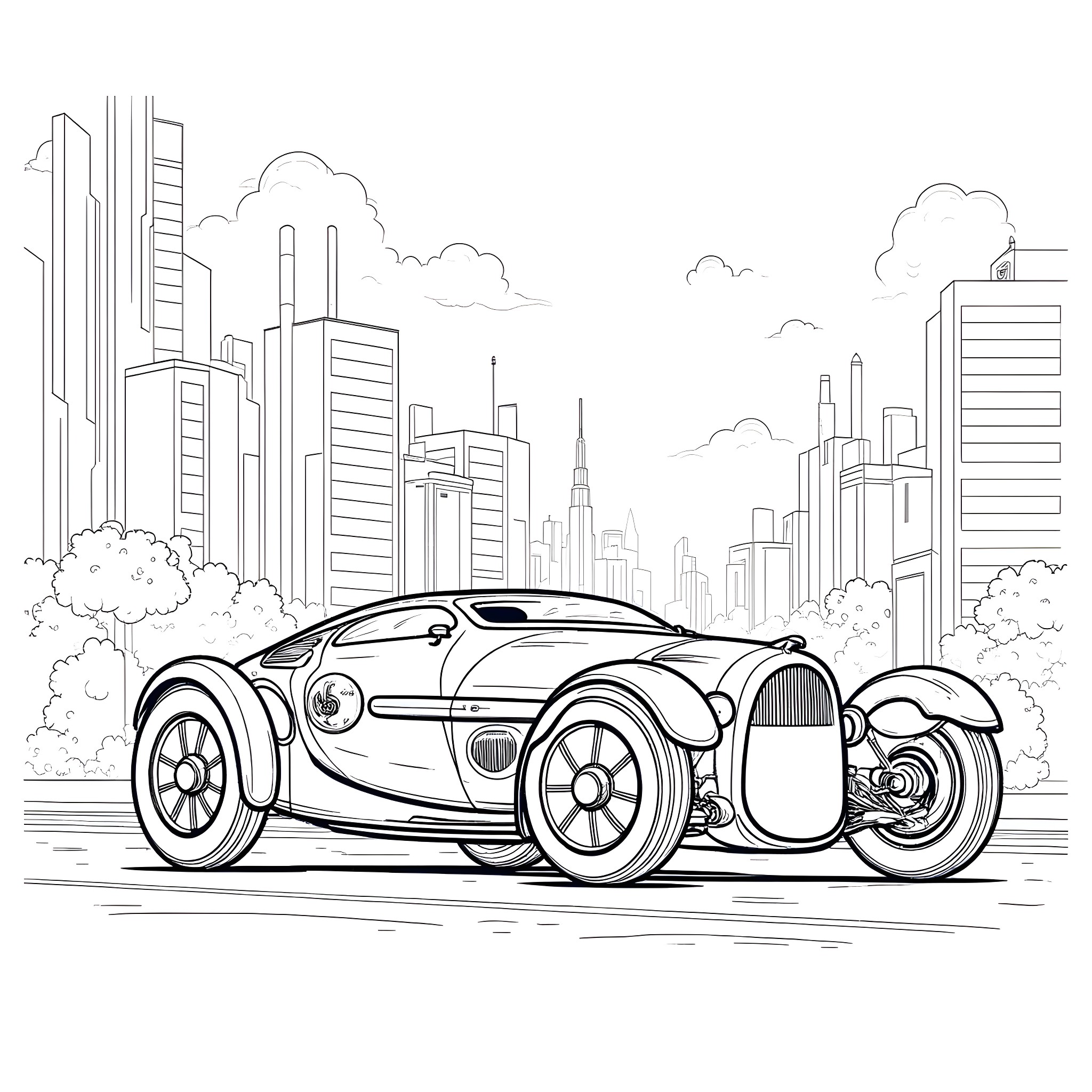 Automobile Futuristic Car in Urban Cityscape Coloring Page (free black-and-white line drawing printable PDF for all, from beginners to advanced learners, including children, teens, adults, and seniors)