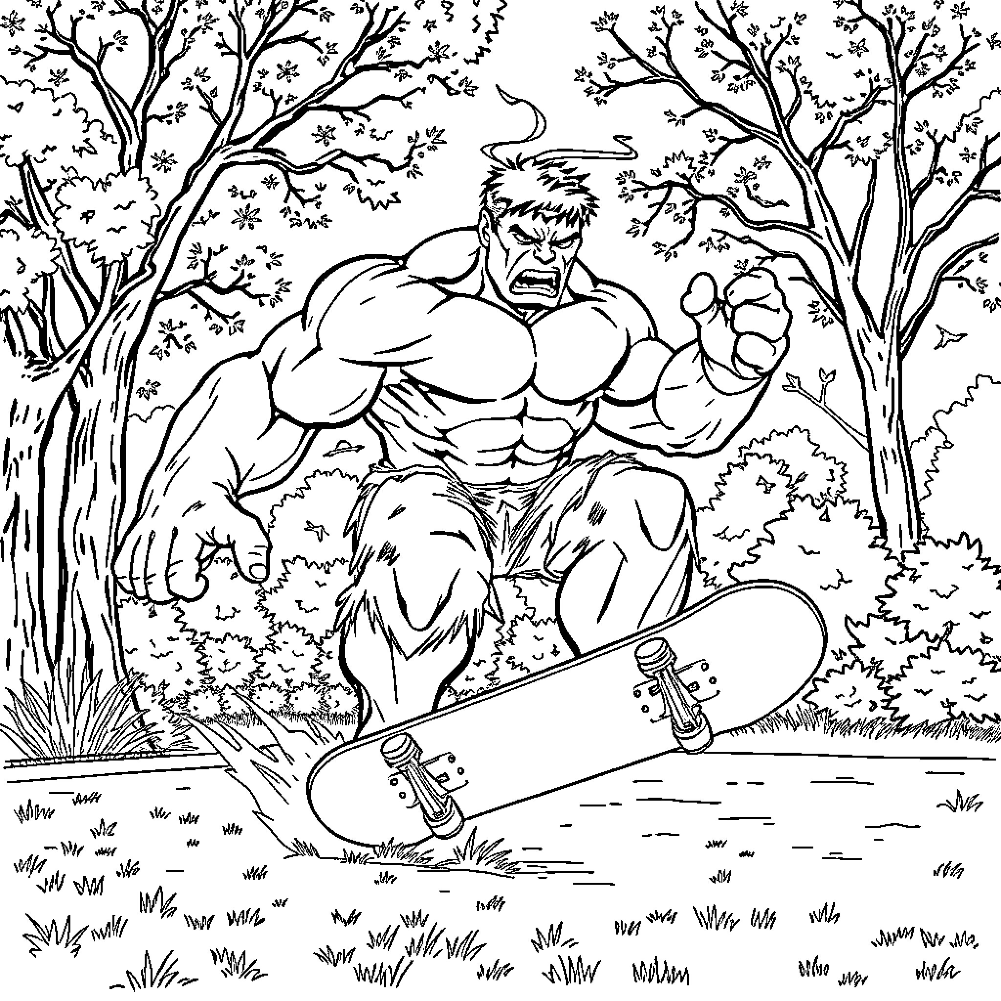Hulk Rampaging Through the Forest with Skateboard Coloring Page (free black-and-white line drawing printable PDF for all, from beginners to advanced learners, including children, teens, adults, and seniors)