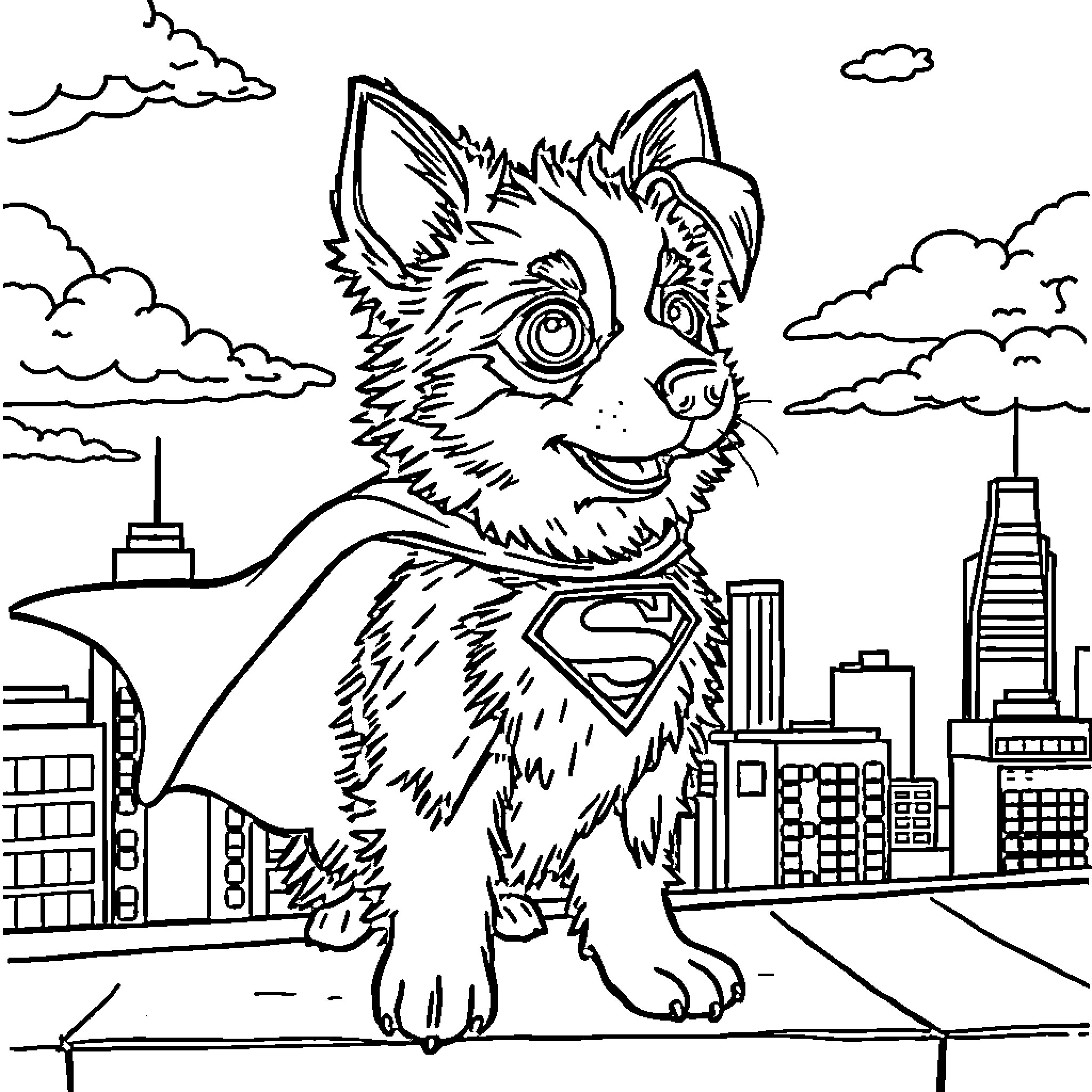 Australian Shepherd superhero in the city Coloring Page (free black-and-white line drawing printable PDF for all, from beginners to advanced learners, including children, teens, adults, and seniors)
