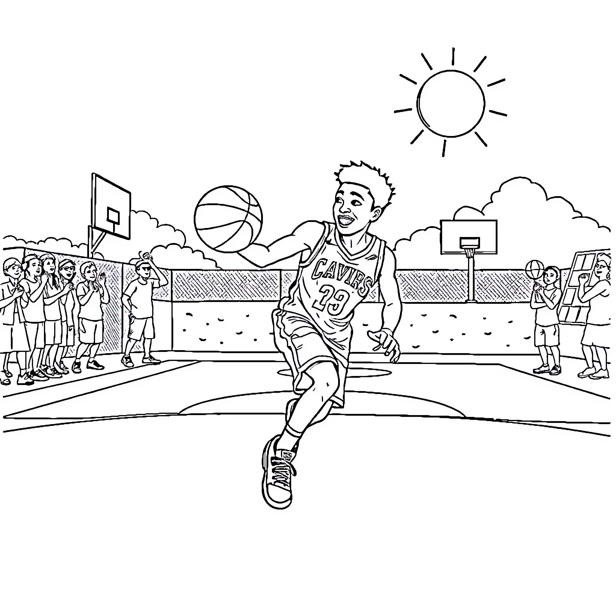 Tyler playing basketball on a sunny day Coloring Page (free black-and-white line drawing printable PDF for all, from beginners to advanced learners, including children, teens, adults, and seniors)