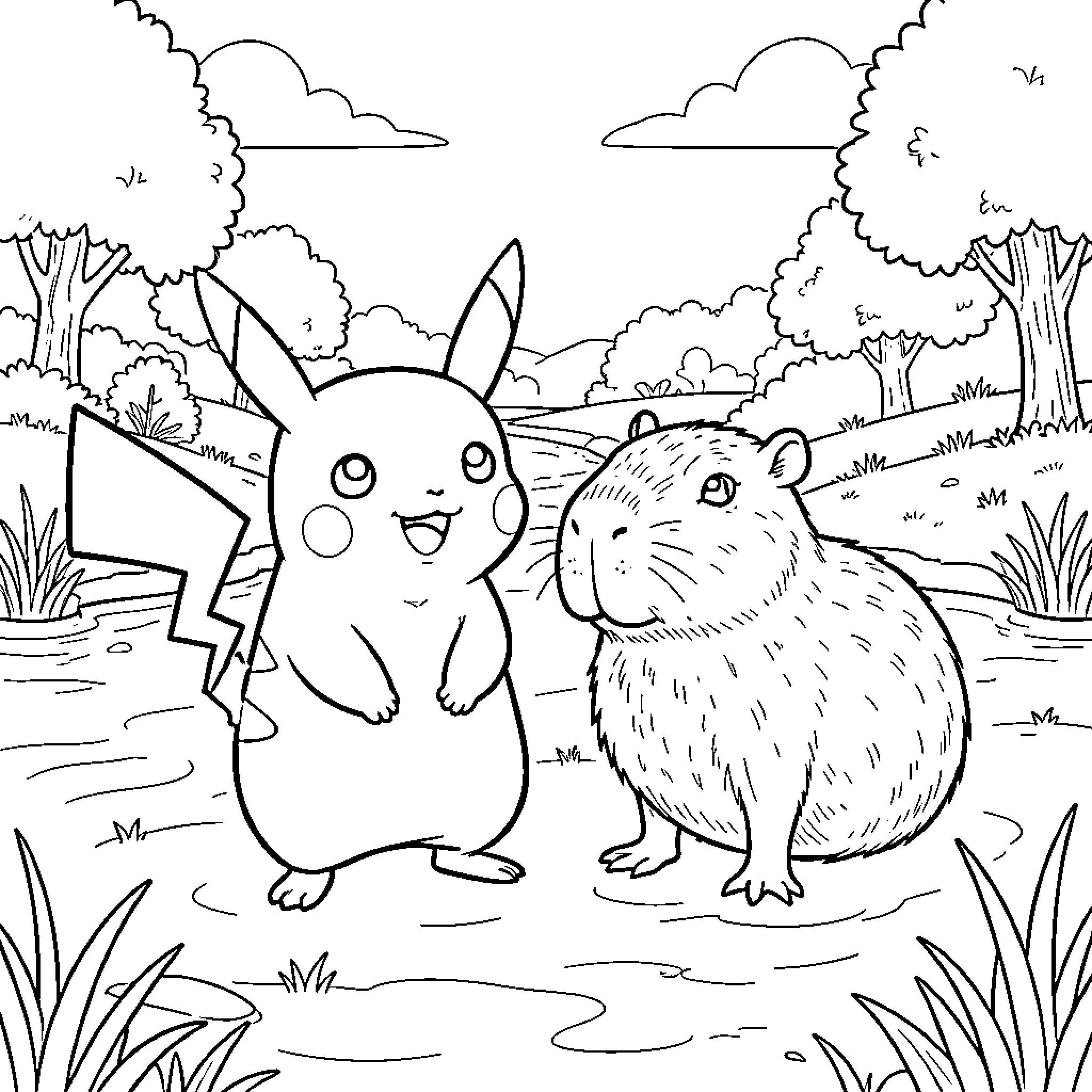 Pikachu and Hamster Enjoying the Outdoors Coloring Page (free black-and-white line drawing printable PDF for all, from beginners to advanced learners, including children, teens, adults, and seniors)