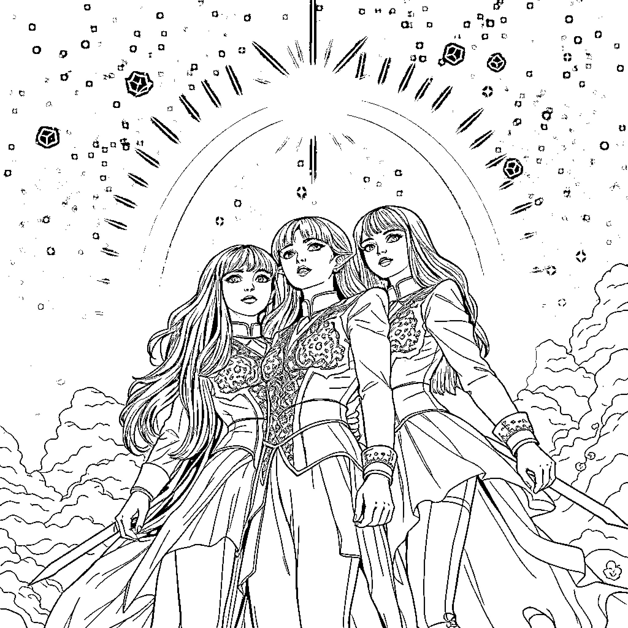 Kpop Warriors in Celestial Splendor Coloring Page (free black-and-white line drawing printable PDF for all, from beginners to advanced learners, including children, teens, adults, and seniors)