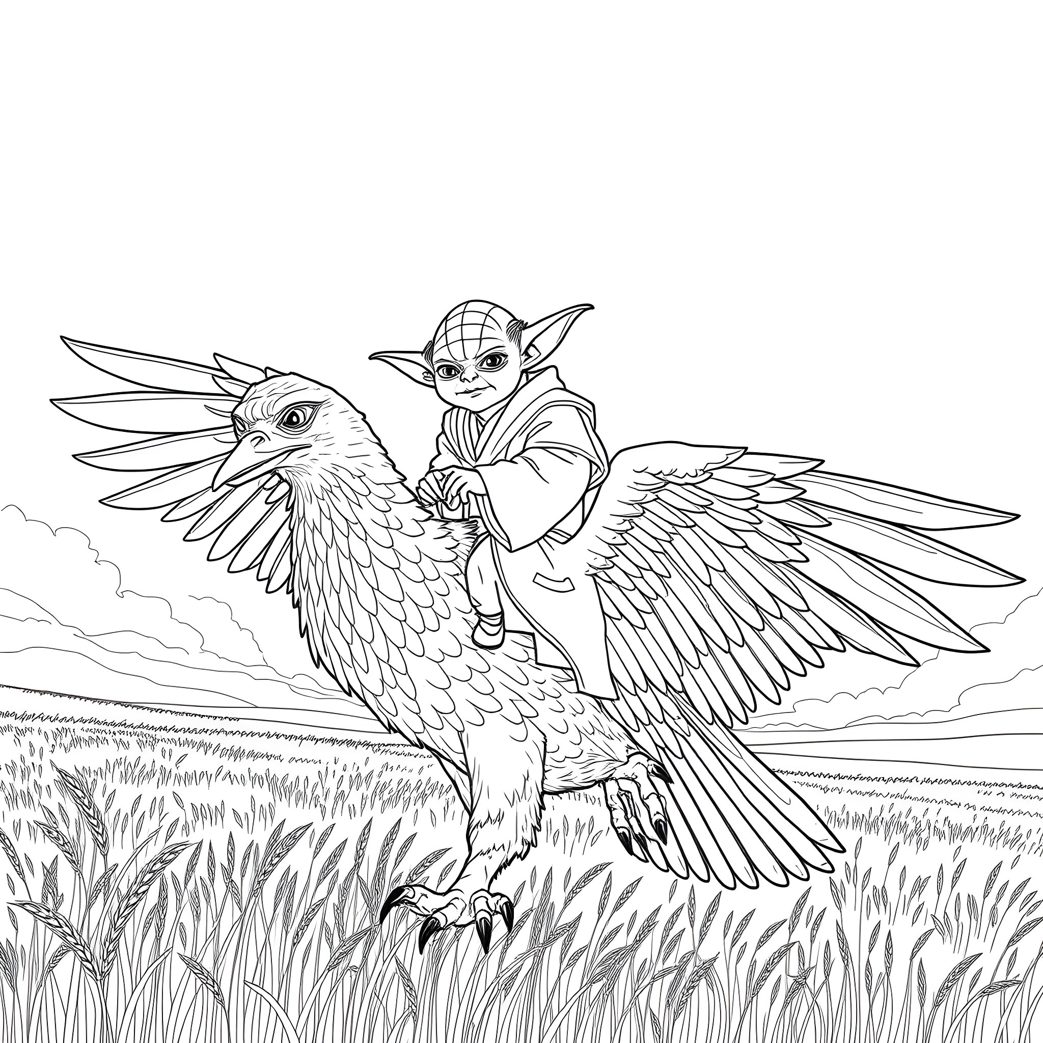Yoda riding an iconic bird-like creature in a field Coloring Page (free black-and-white line drawing printable PDF for all, from beginners to advanced learners, including children, teens, adults, and seniors)