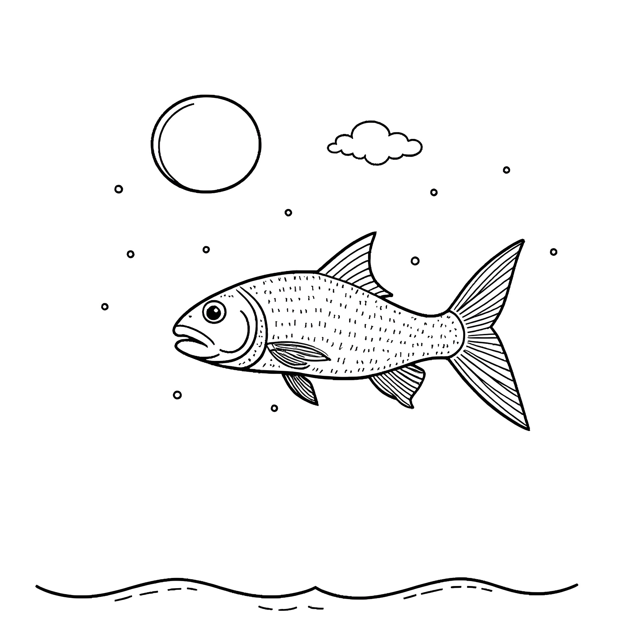 Fish swimming under the moon Coloring Page (free black-and-white line drawing printable PDF for all, from beginners to advanced learners, including children, teens, adults, and seniors)