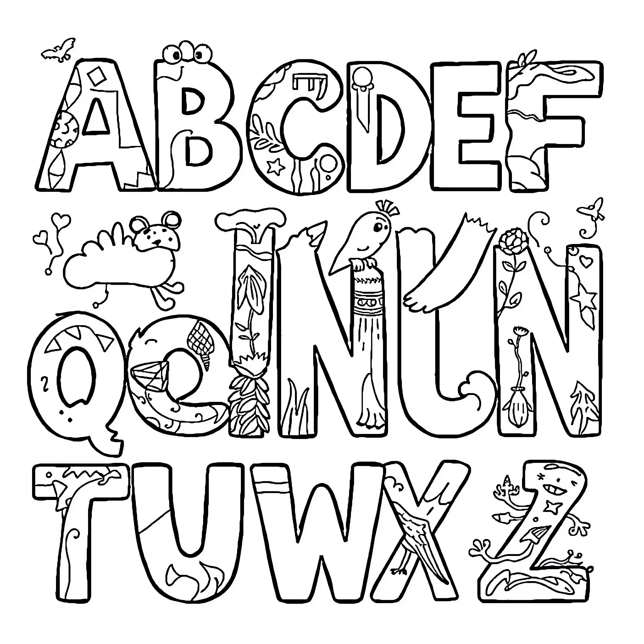 Alphabet Doodle Characters with Whimsical Designs Coloring Page (free black-and-white line drawing printable PDF for all, from beginners to advanced learners, including children, teens, adults, and seniors)