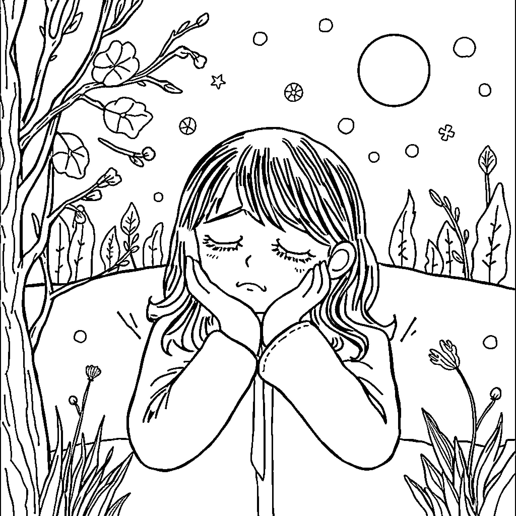 Depression - Solitary figure in contemplative pose Coloring Page (free black-and-white line drawing printable PDF for all, from beginners to advanced learners, including children, teens, adults, and seniors)